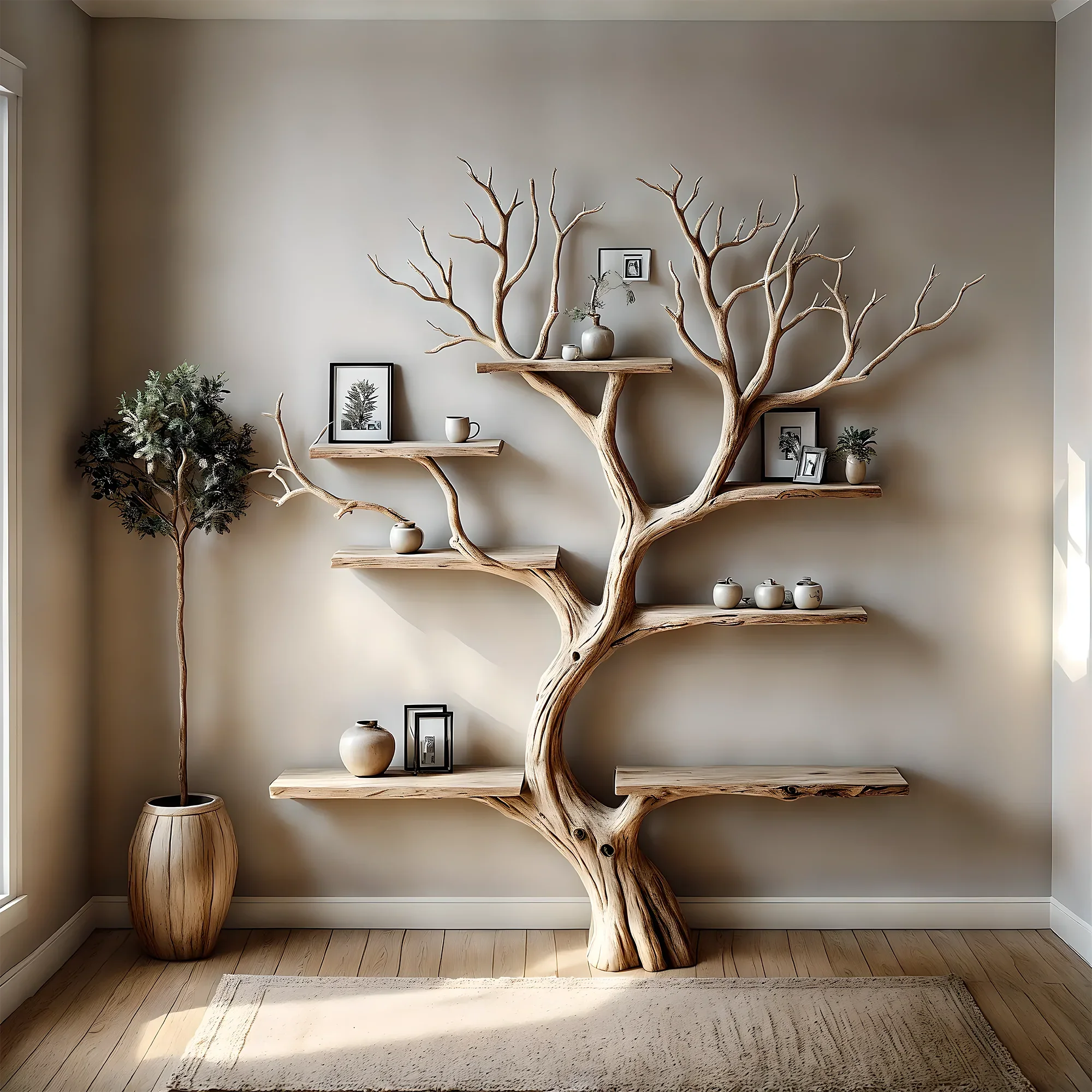 Decorative bookshelf, tree branch floor, wall-mounted, solid wood interior, home decoration, gift