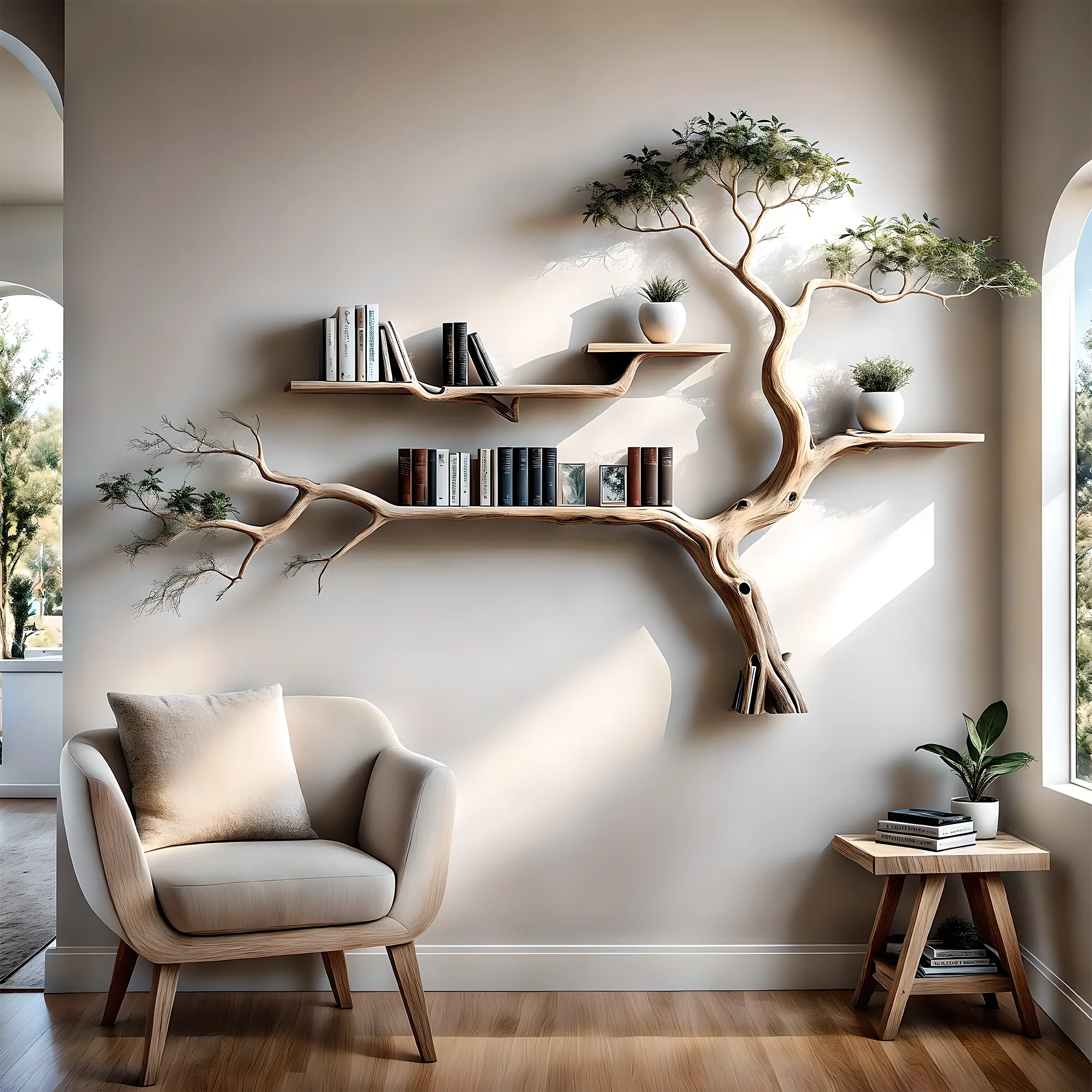 Bookshelf decorated with tree branch wall-mounted bookshelf Solid wood bookshelf for decoration