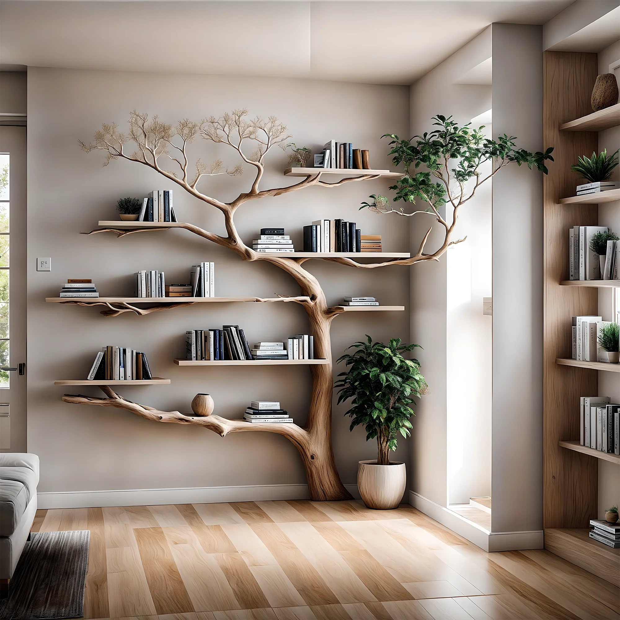 Tree shaped bookshelf, solid wood tree branch shelf, handmade wall hanging interior decoration for home