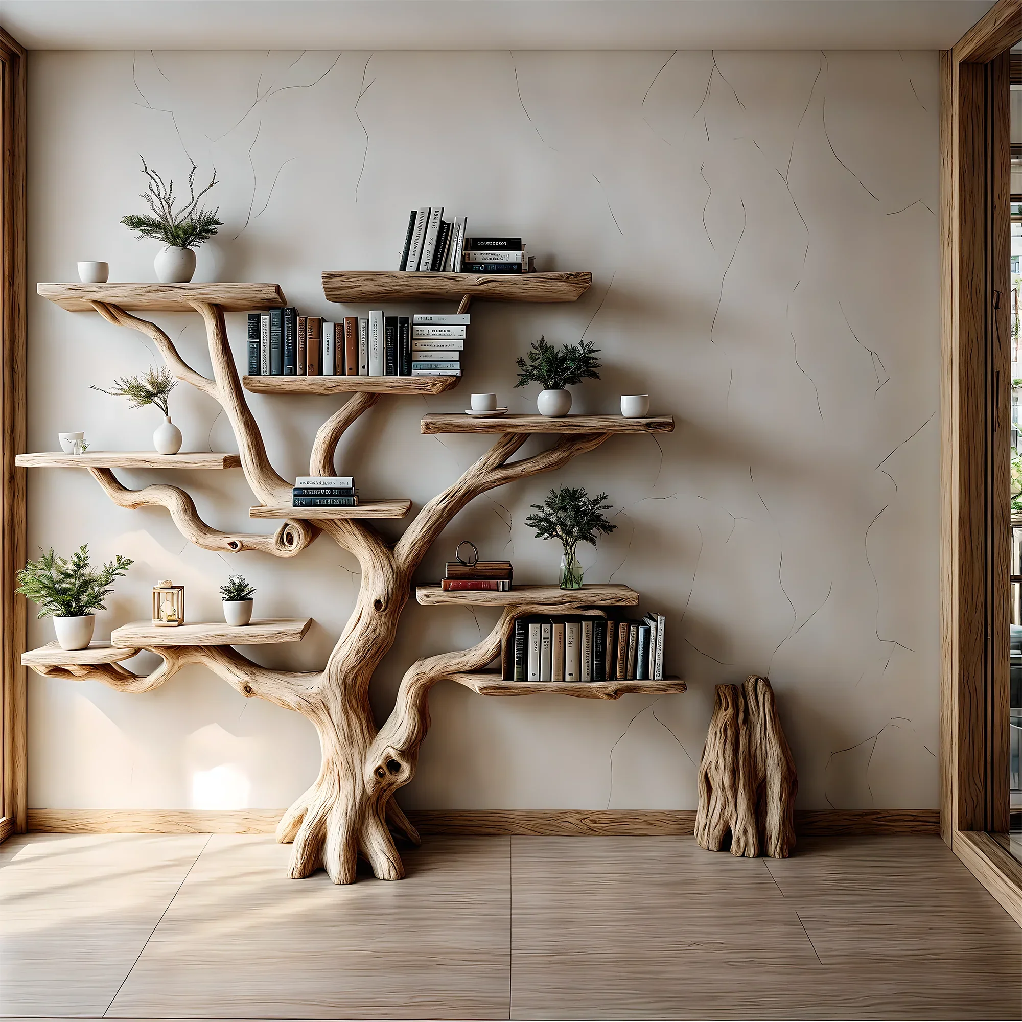 Bookshelf made of pine branches, Natural wood, Children's bookshelf, Decorative library