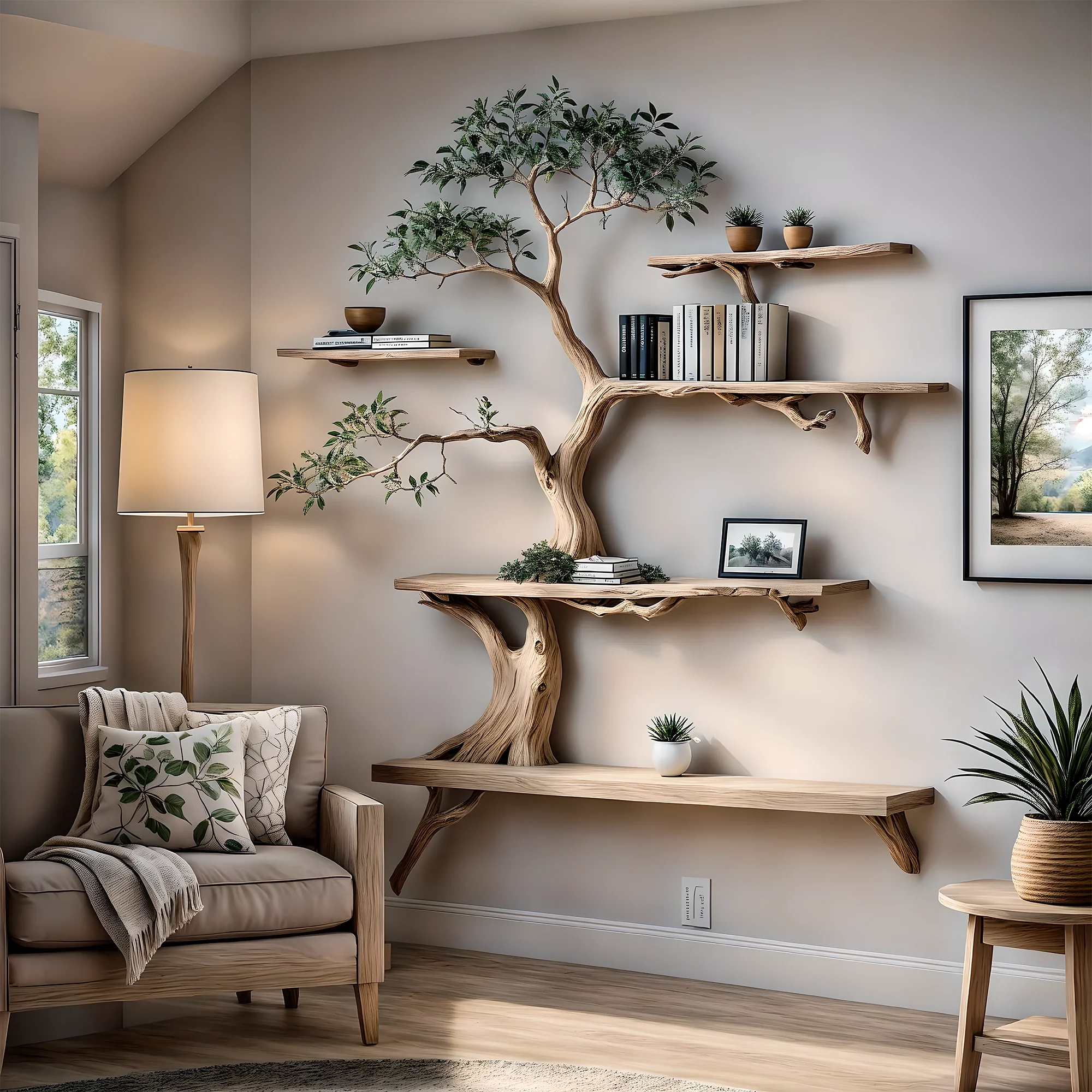 Bookshelf Tree-shaped wooden shelf for interior decoration, handmade wooden shelf