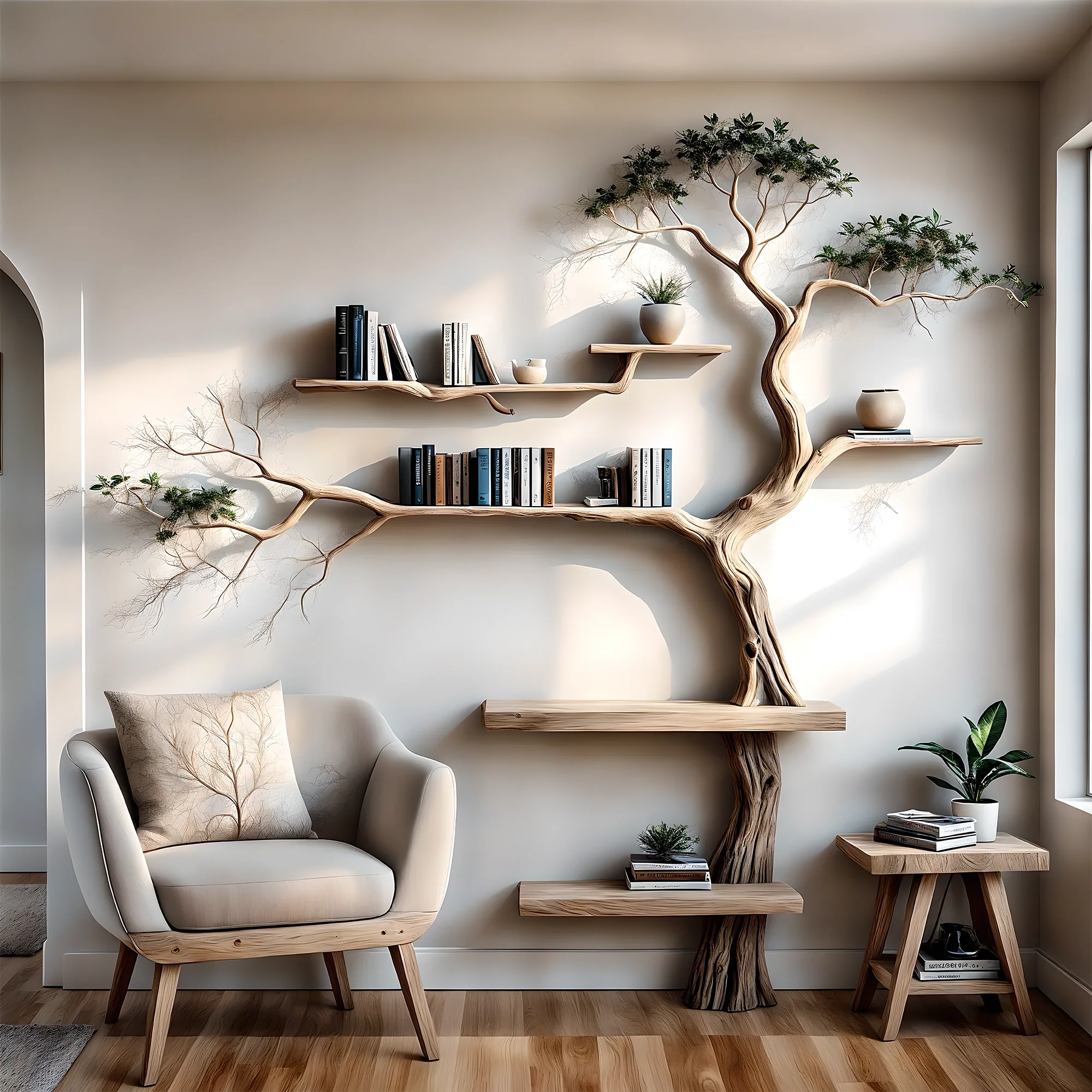 '-Handmade wall-mounted solid wood tree branch bookshelf for interior decoration