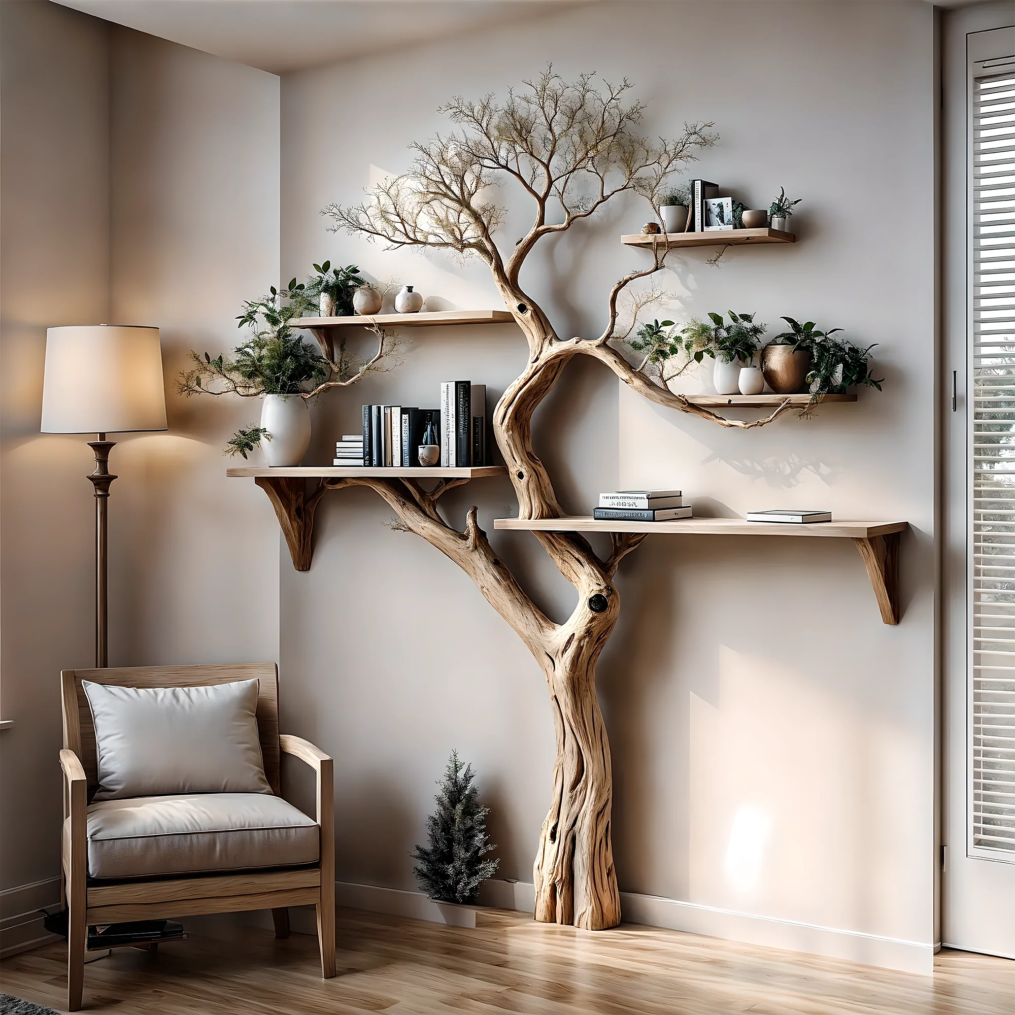 Solid wood tree branch bookshelf, handmade wall hanging, interior decoration for living room