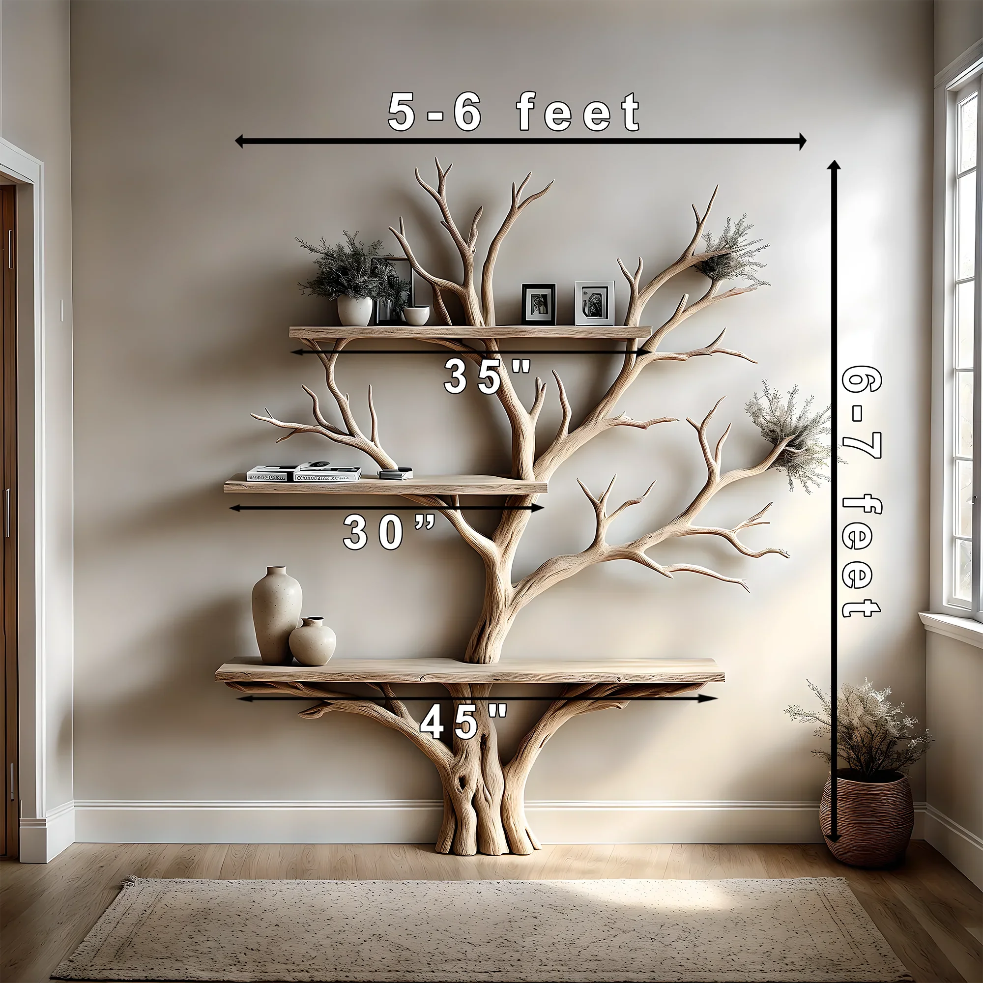 Bookshelf, table, floating shelf, living tree branch shelf next to floating shelf, solid wood bookshelf, gift for that person