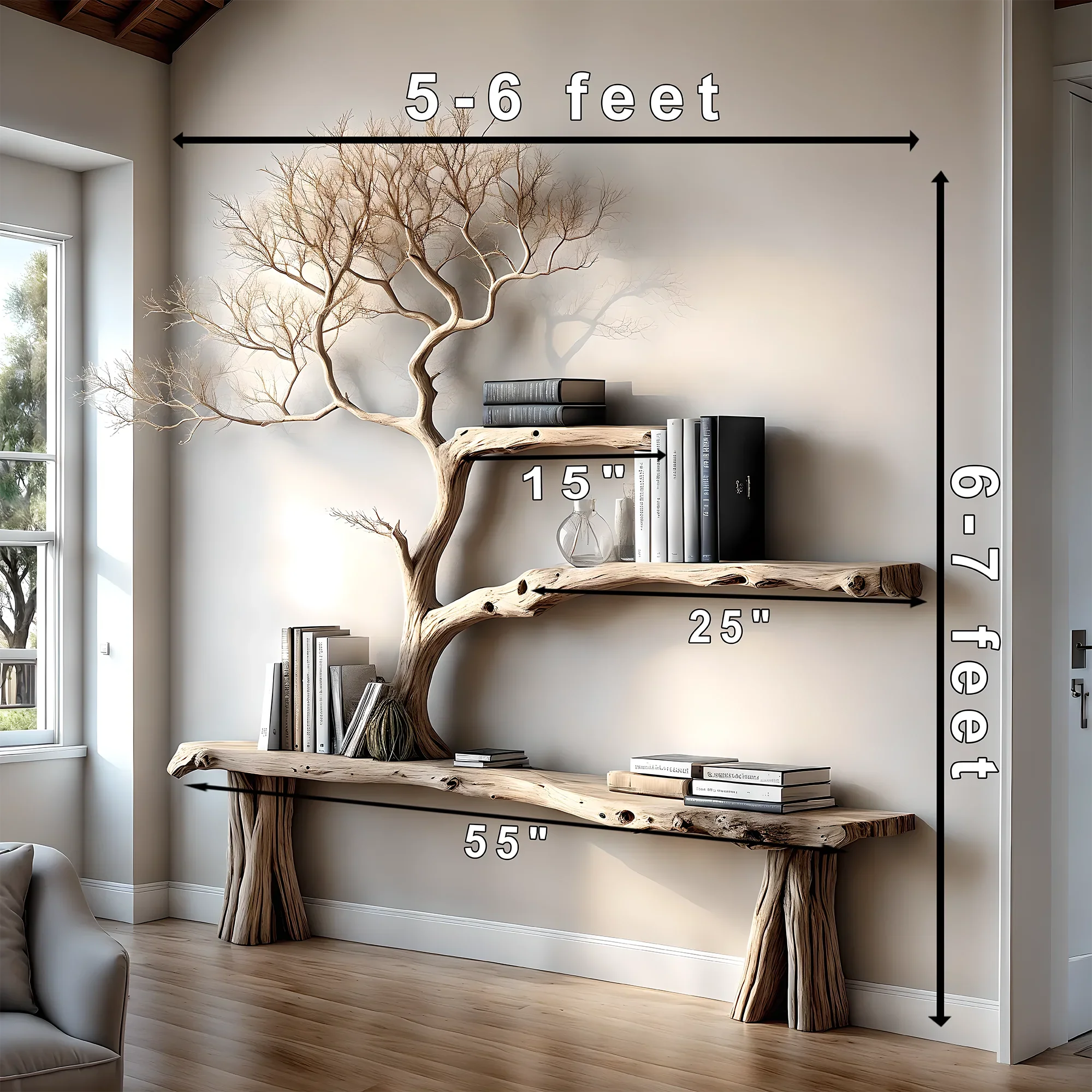 console table reading table with tree shaped bookshelf