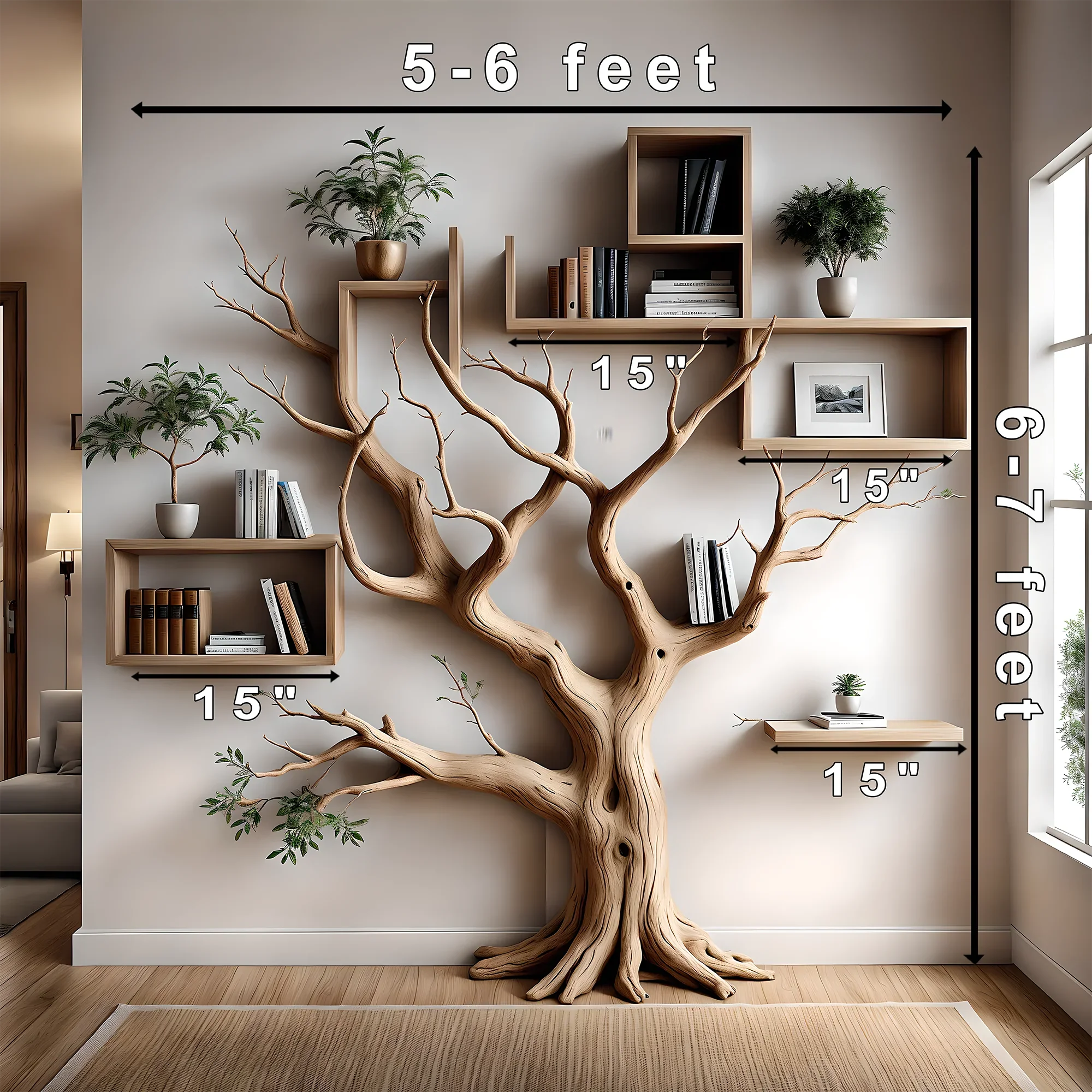 Bookshelf shaped like an old tree, aged wooden bookshelf, wall-mounted decorative bookshelf