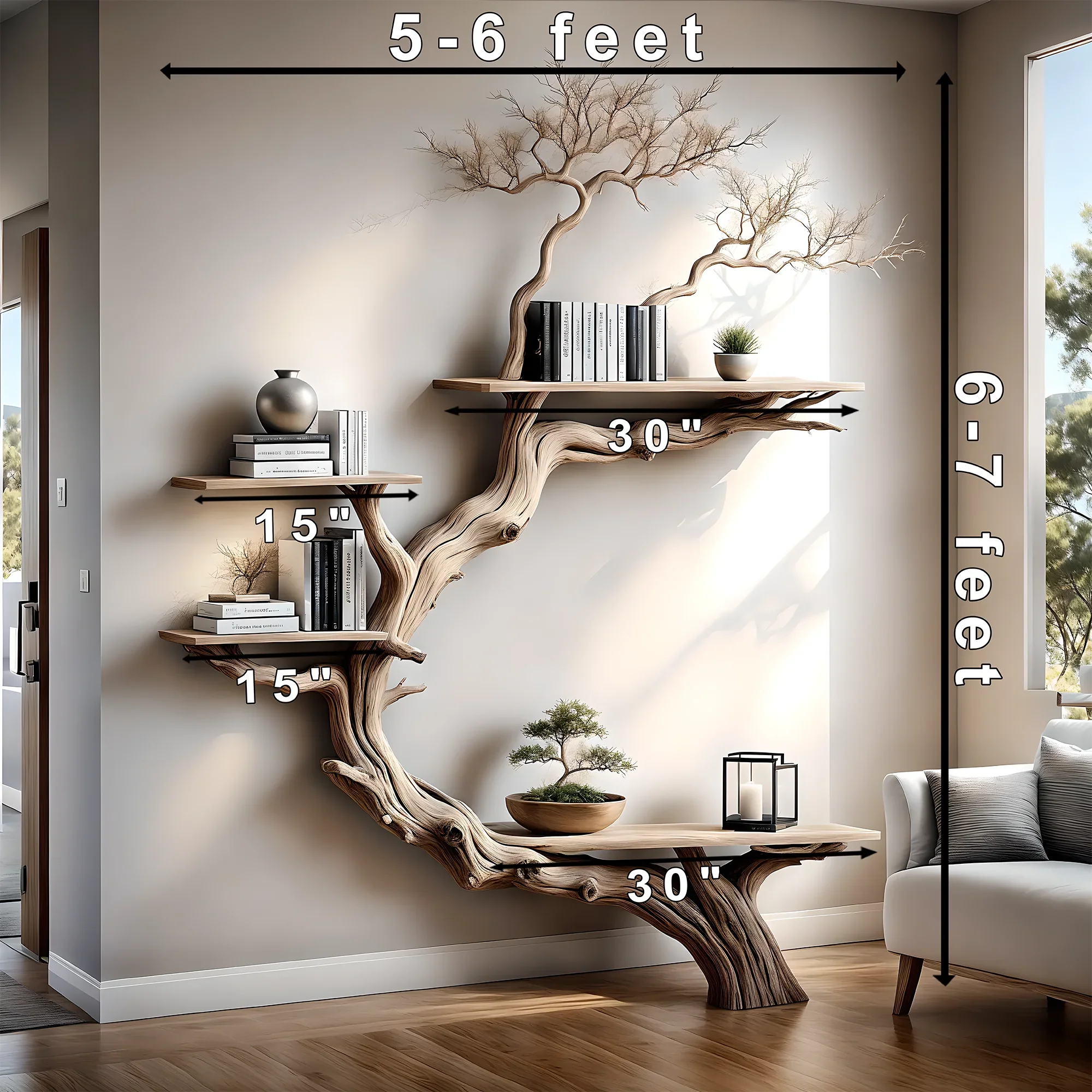 Tree branch bookshelf, handmade items, floating bookshelf, bookshelf, living room, bookshelf