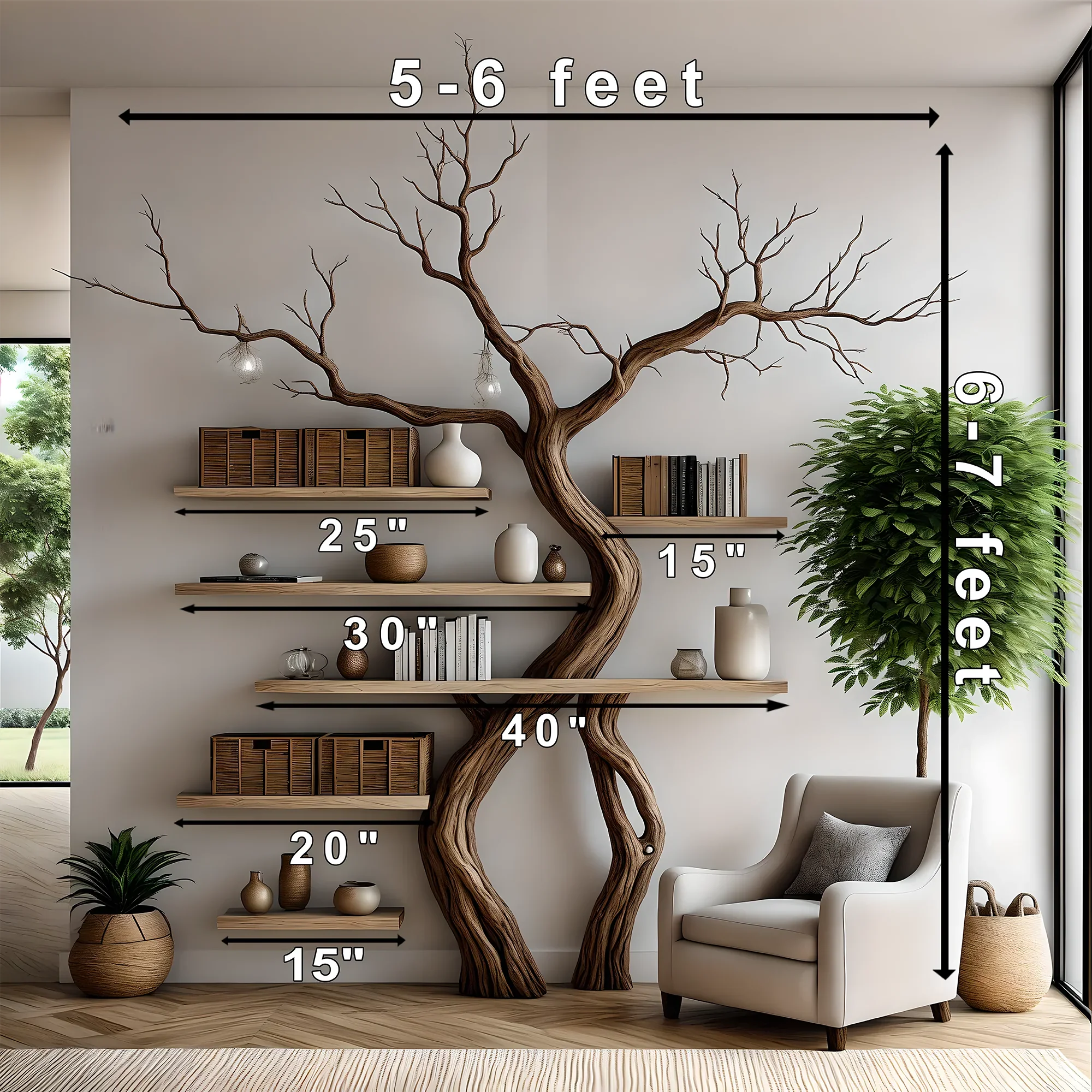 Tree branch bookshelf, handmade items, floating bookshelf, bookshelf, living room, bookshelf