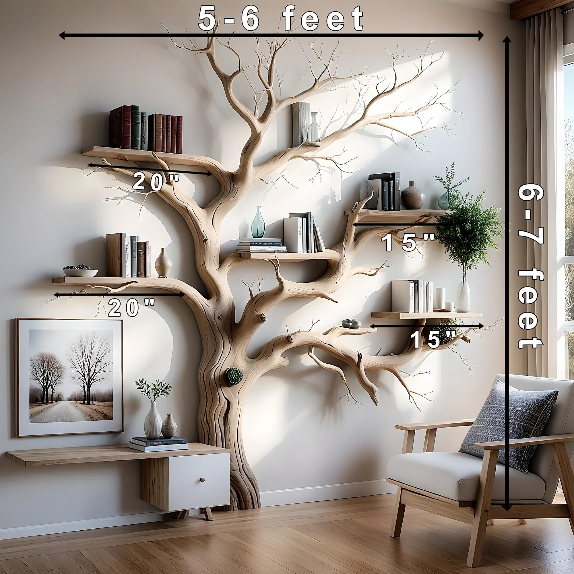 The unique tree-shaped bookshelf is made from natural driftwood, highlighted with artistic tree branches.