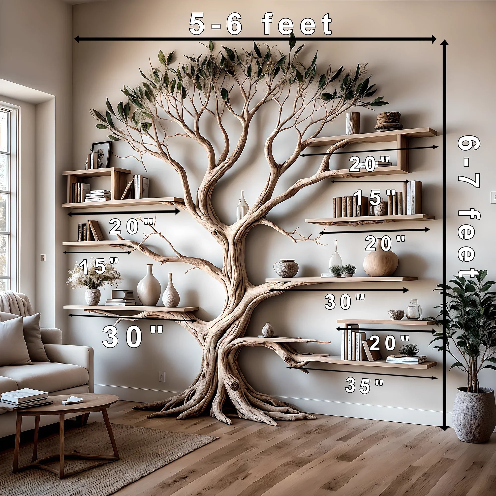 ancient tree bookshelf, floating bookshelf, solid wood