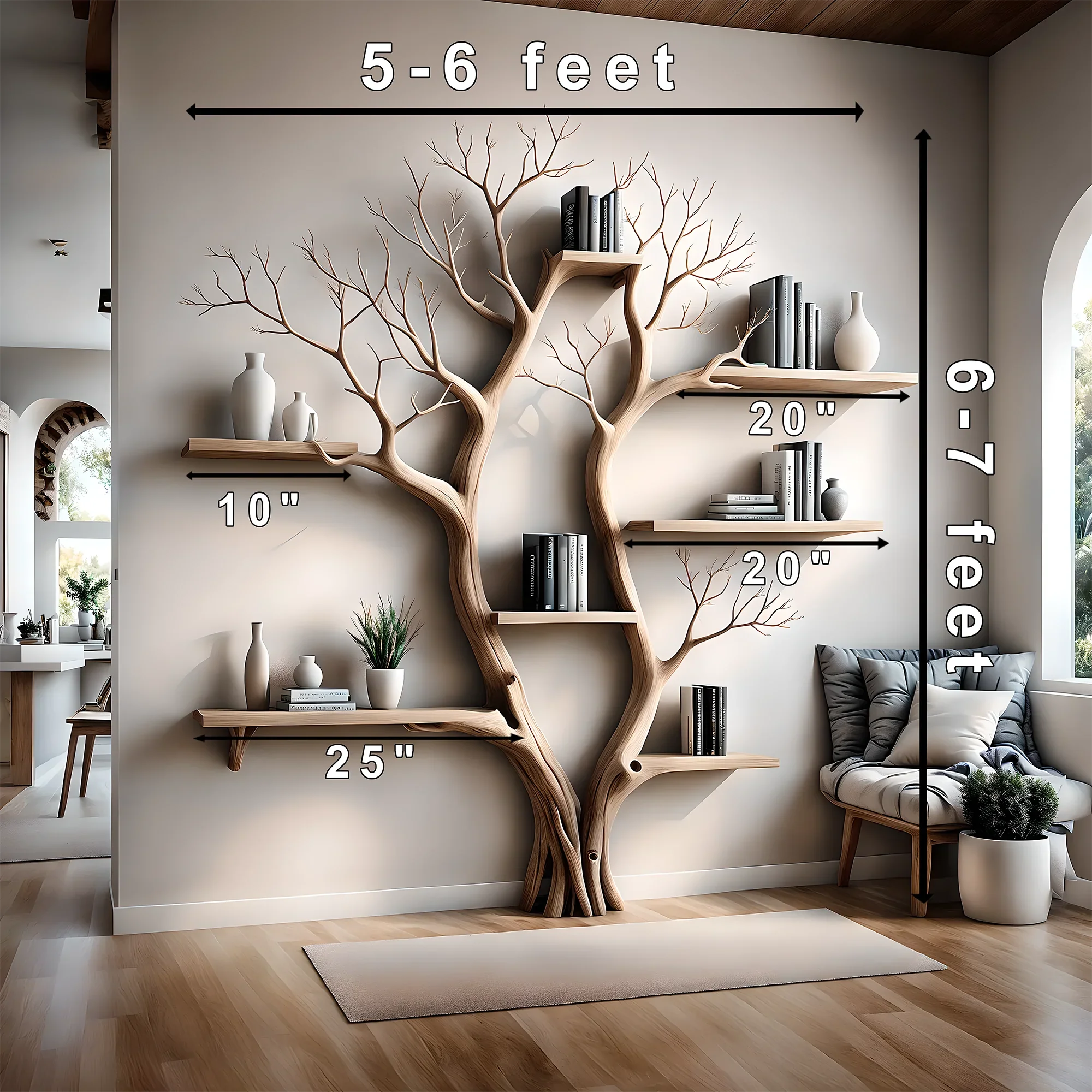 Bookshelf shaped like a tree with 2 branches, bookshelf shaped like a perennial wooden tree, living room decoration