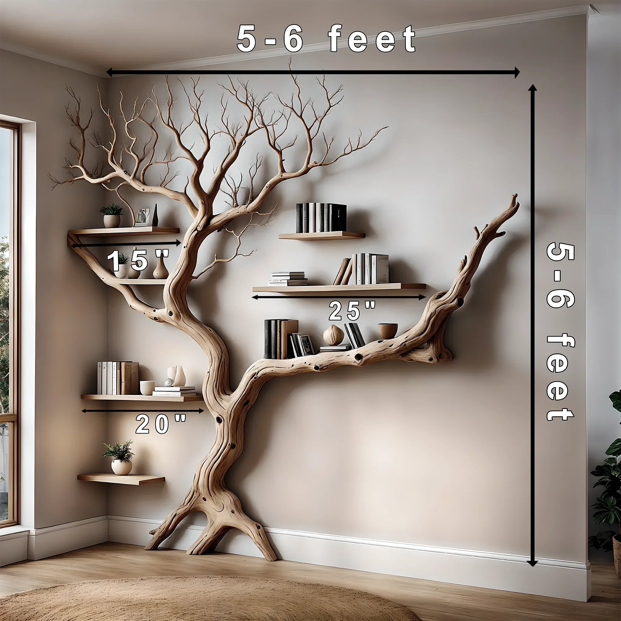 Decorative bookshelf made of solid driftwood for home decoration