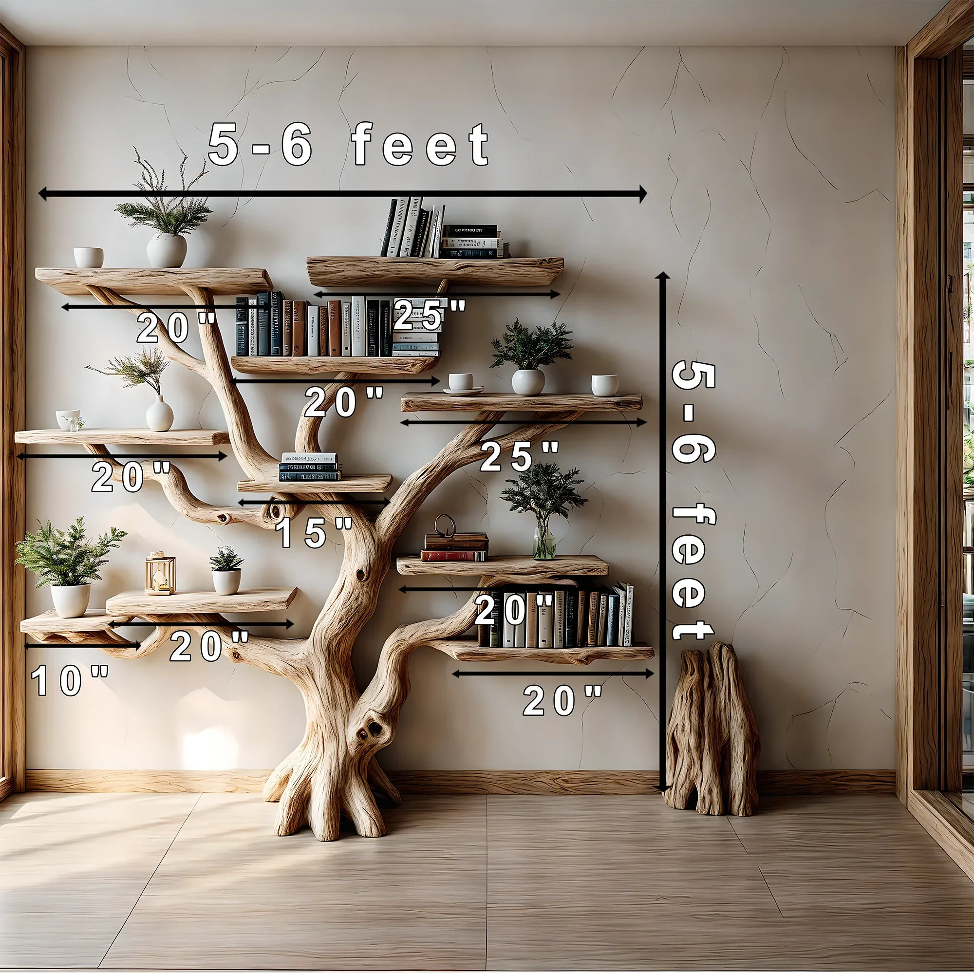 Bookshelf made of pine branches, Natural wood, Children's bookshelf, Decorative library