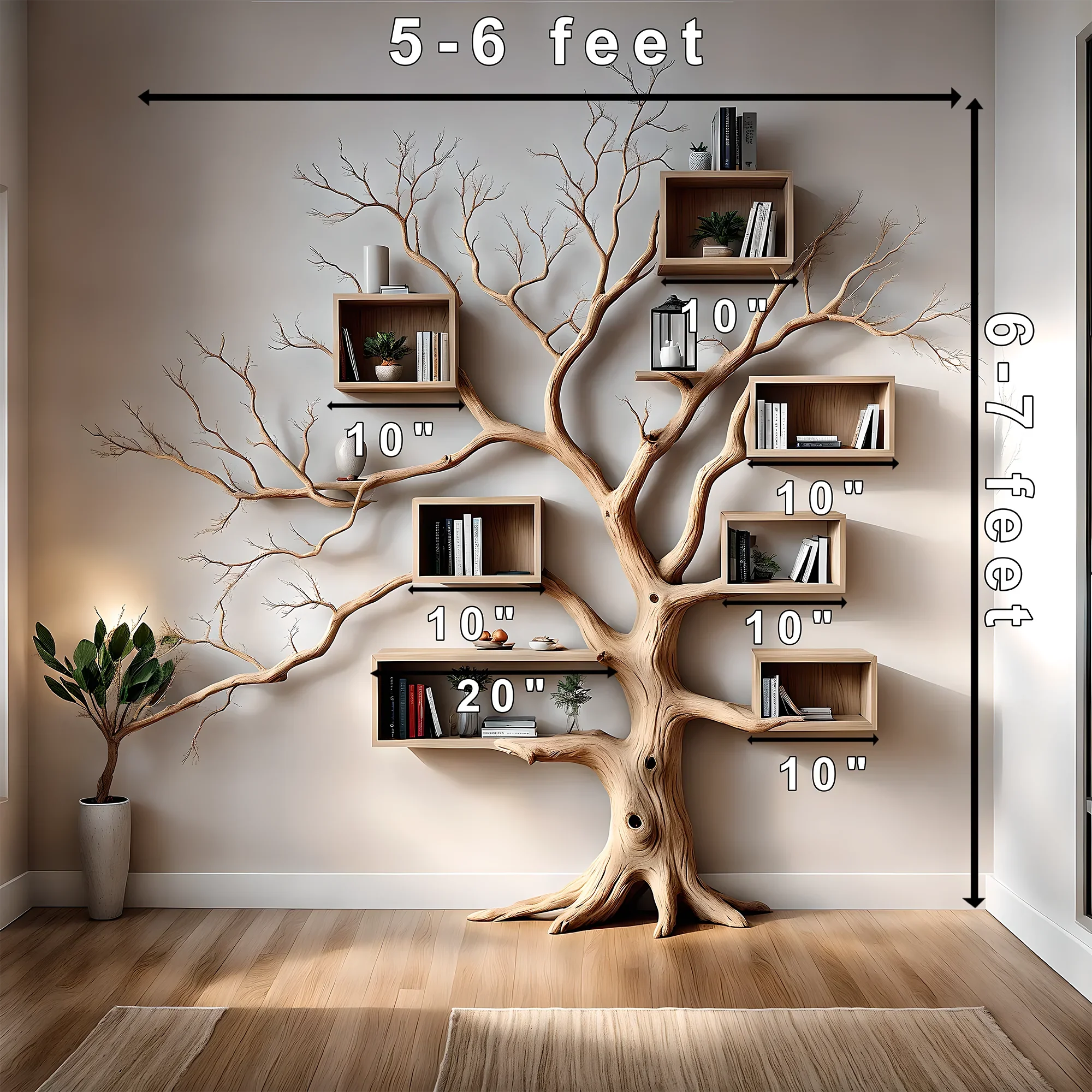 Tree-shaped bookshelf with box shelf, tree-shaped bookshelf, square floating shelf, home decoration