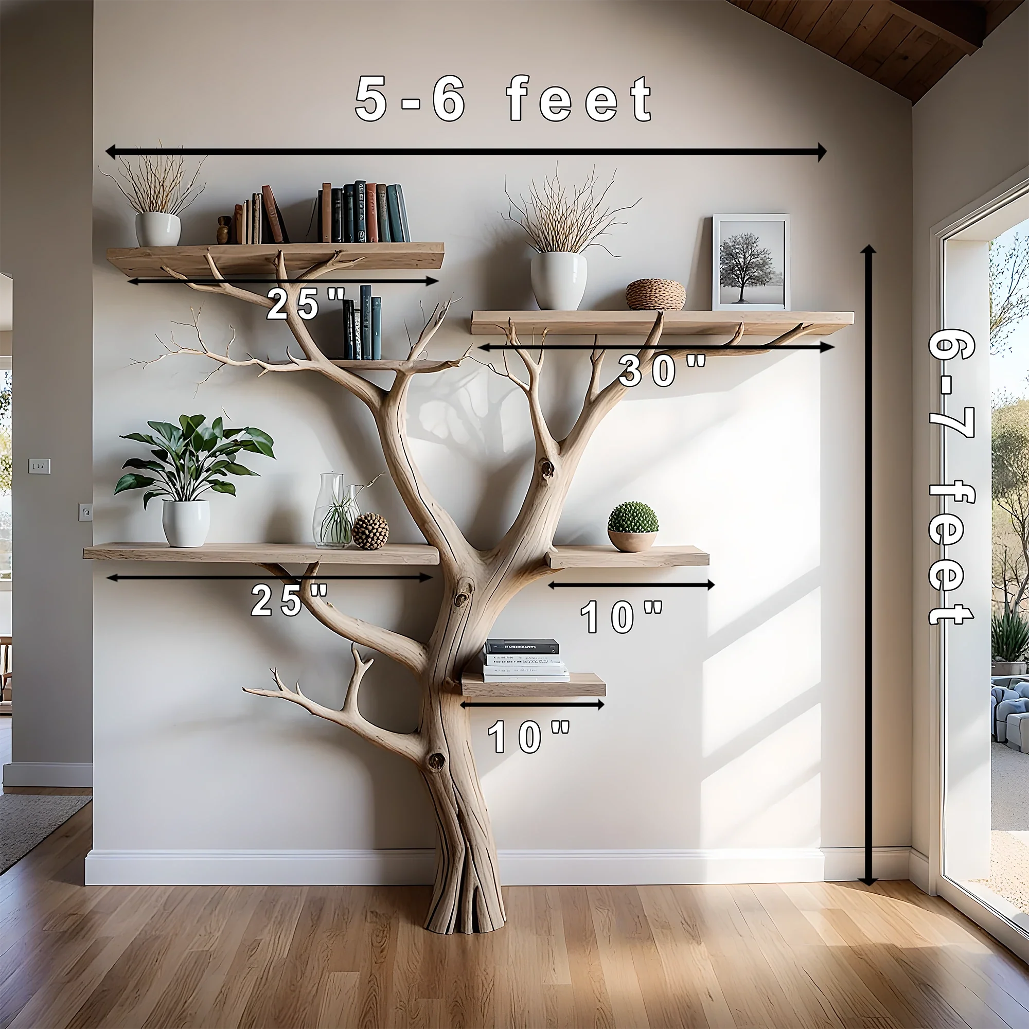 Tree floating book shelf wall mount solid wood walnut bookcase decor.