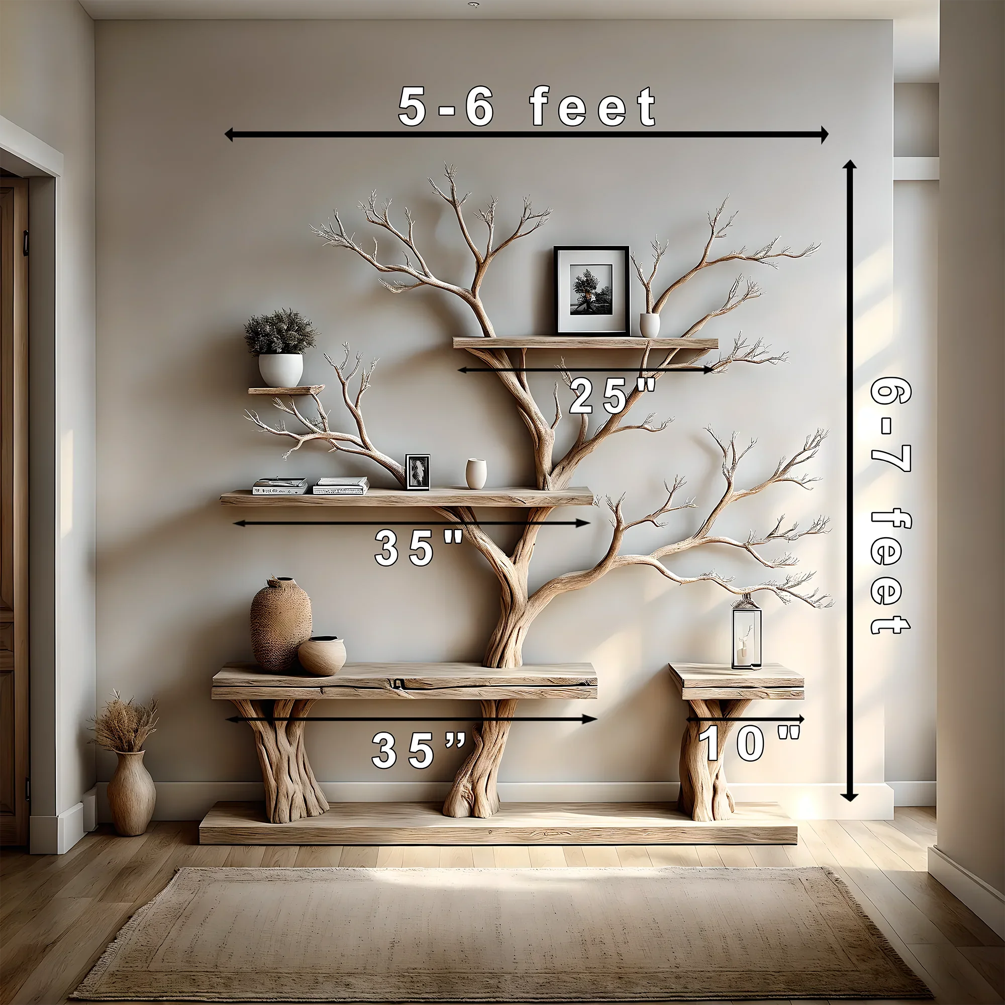 Solid Wood Tree Branch Bookshelf Wall Hanging Living Edge Custom Shelf