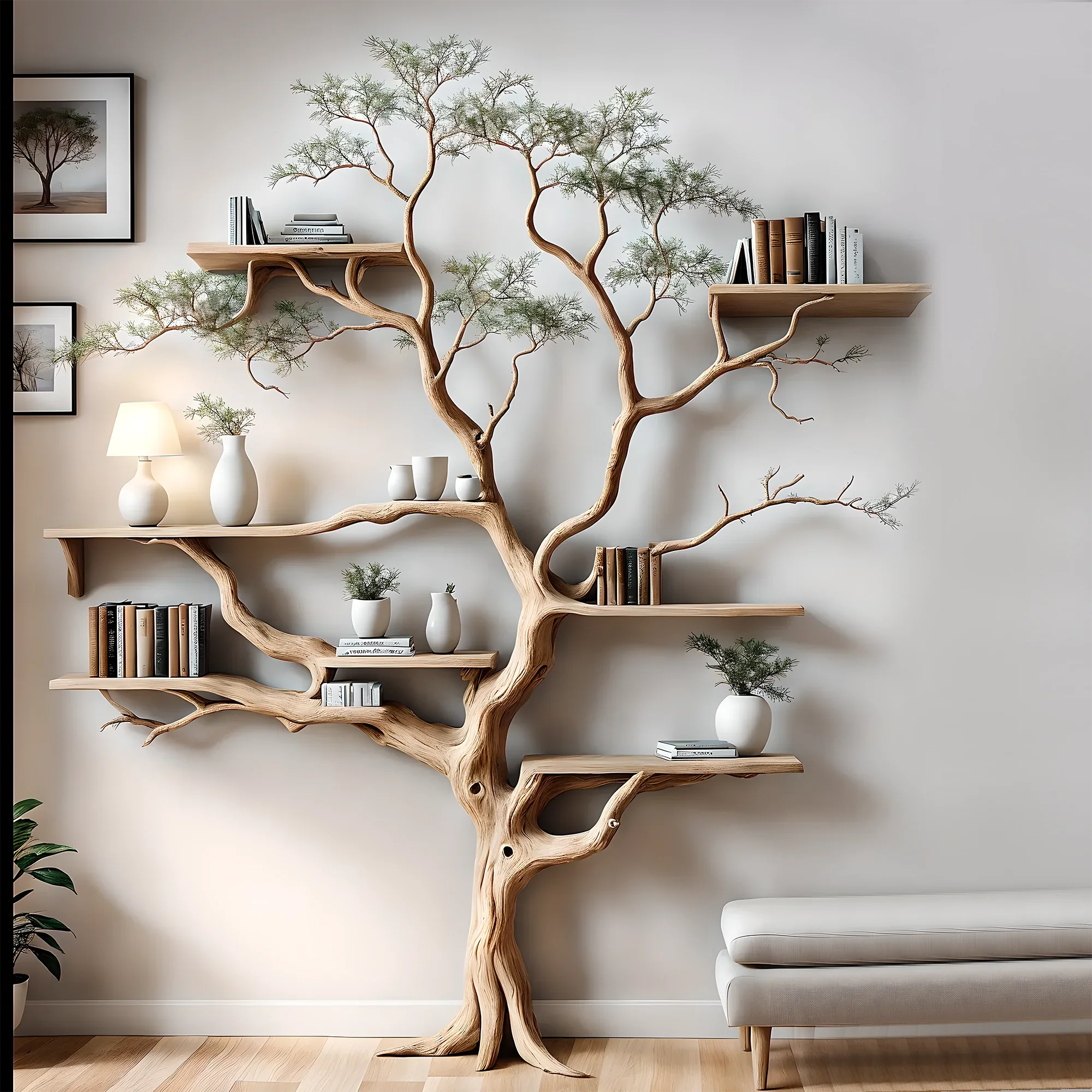 Bookshelf shaped like a perennial tree, driftwood bookshelf 50 years old or more, decorative bookshelf