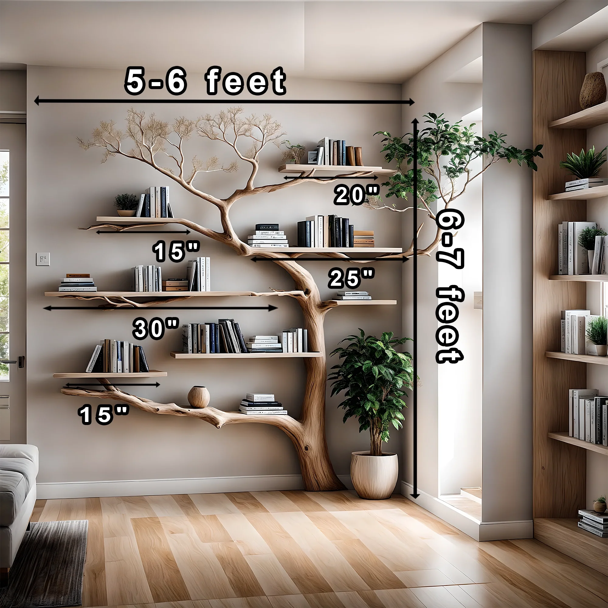 Tree shaped bookshelf, solid wood tree branch shelf, handmade wall hanging interior decoration for home