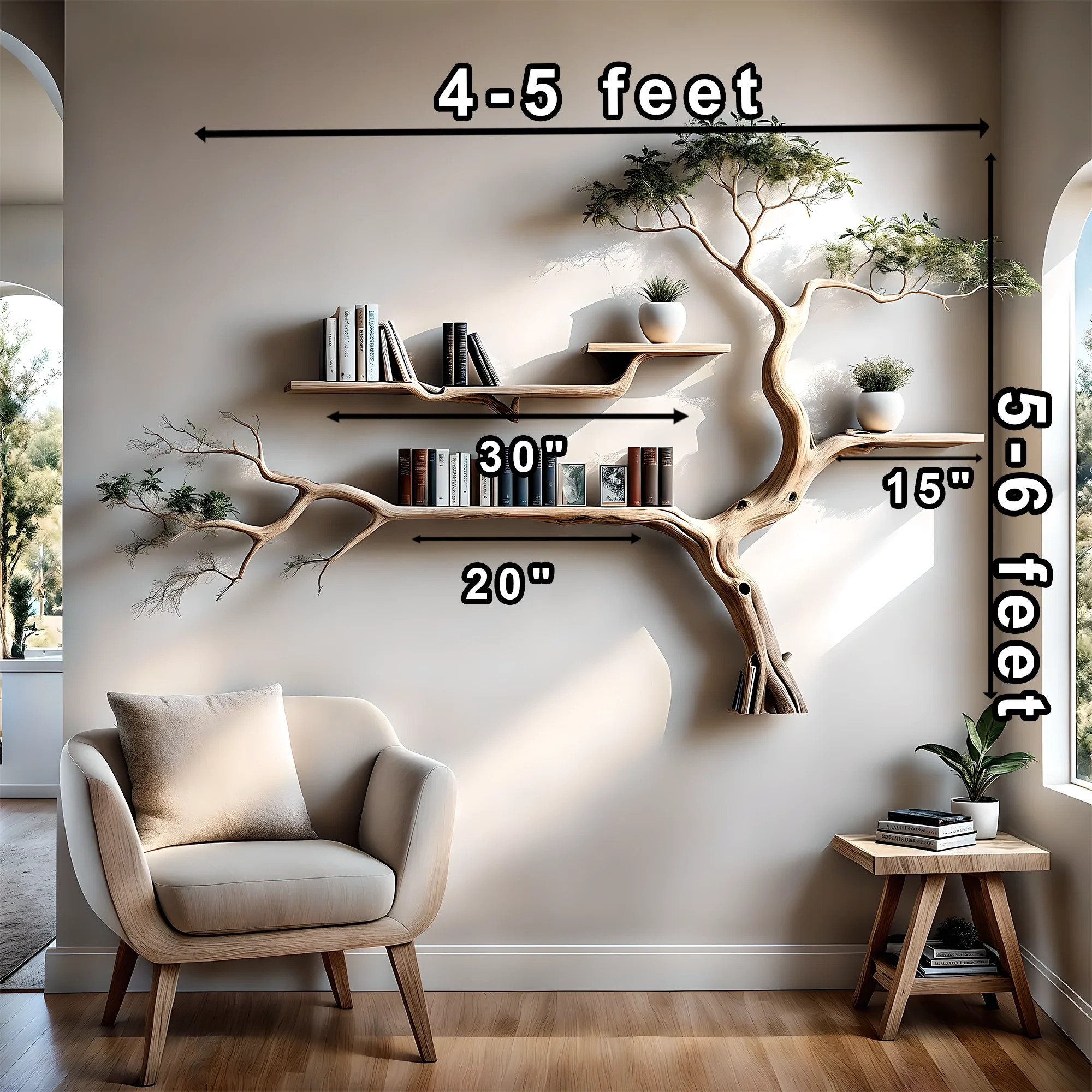 Bookshelf decorated with tree branch wall-mounted bookshelf Solid wood bookshelf for decoration