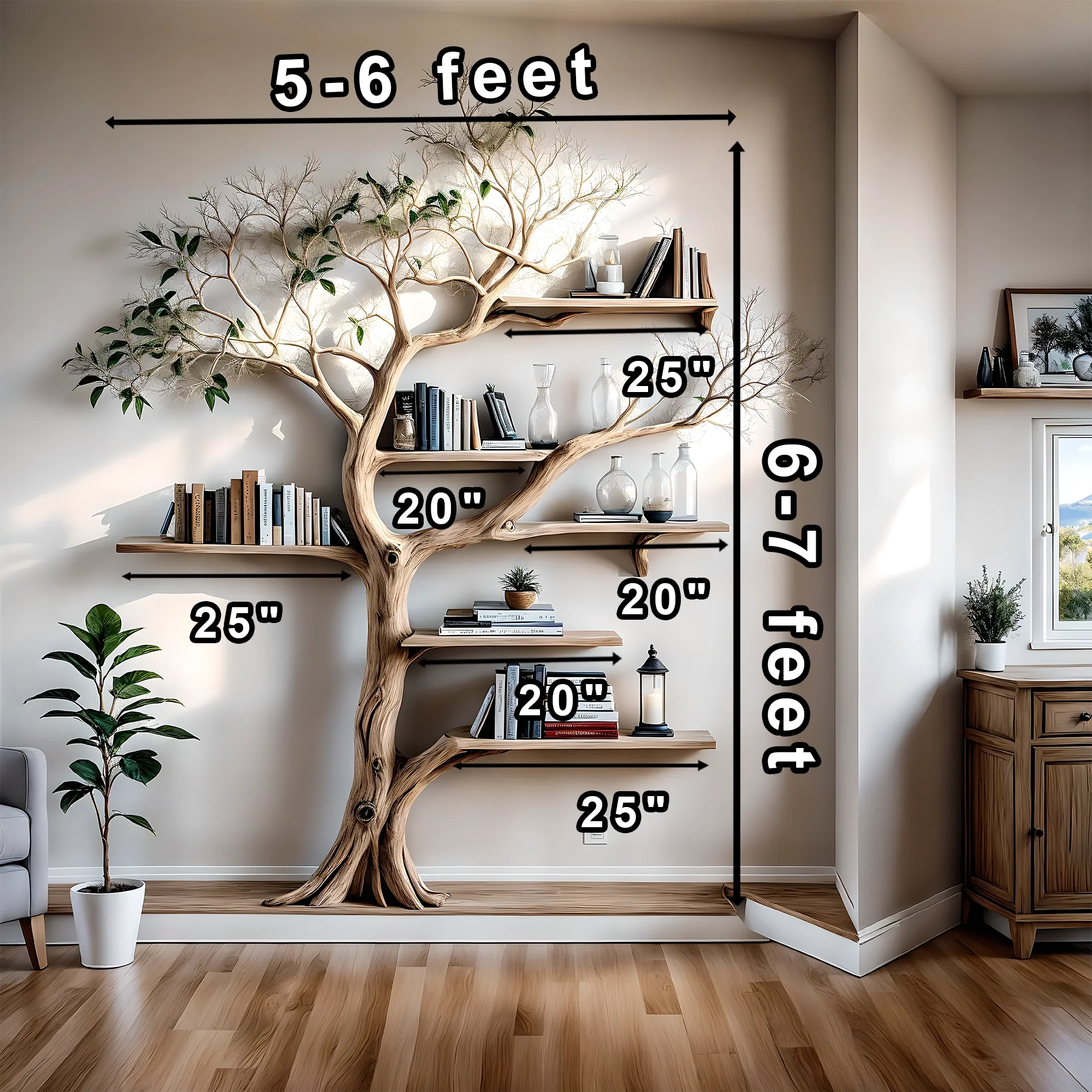 Solid wood tree branch bookshelf, handmade wall hanging, interior decoration for living room