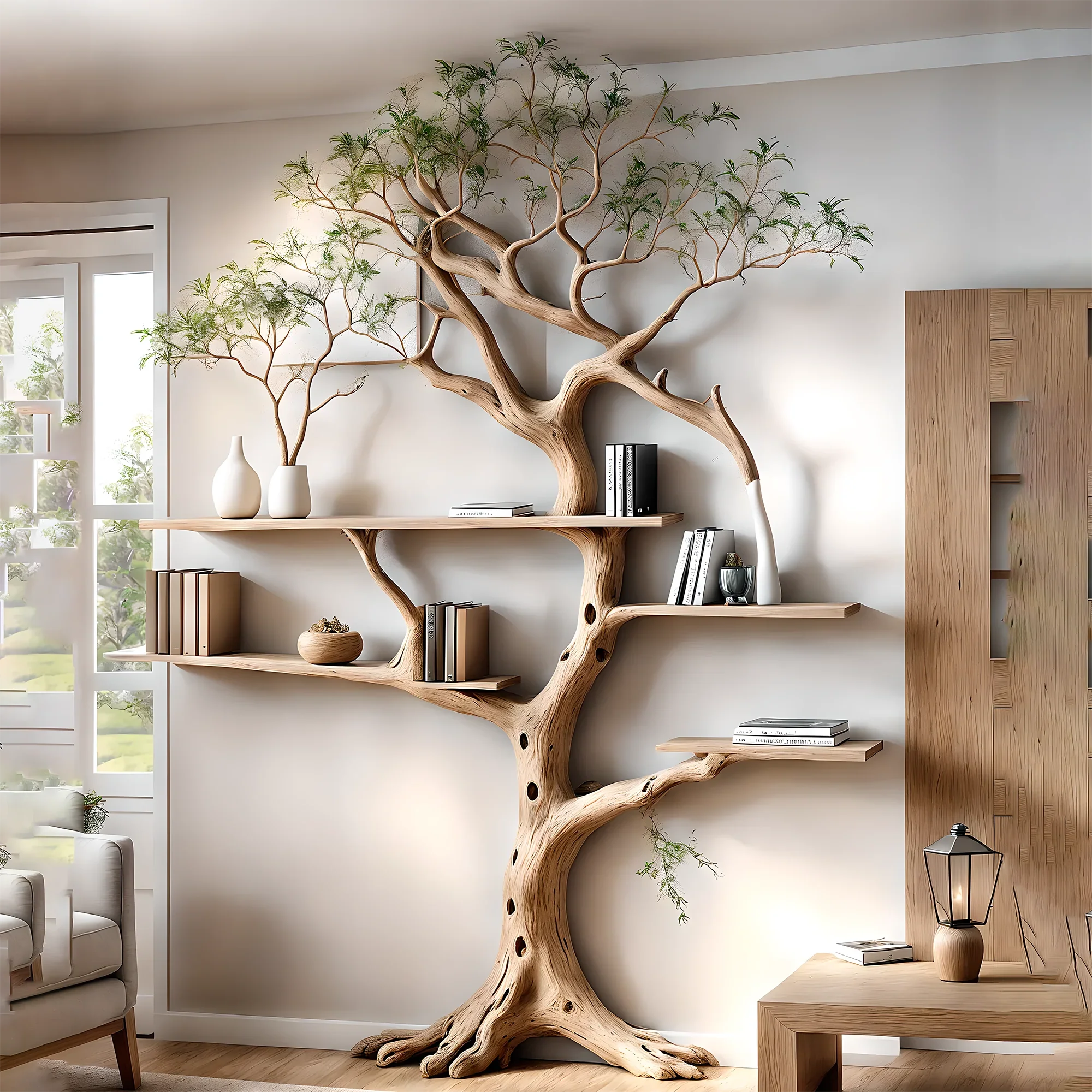 Bookshelf shaped like a perennial driftwood tree Bookshelf shaped like a solid wood tree, a special gift