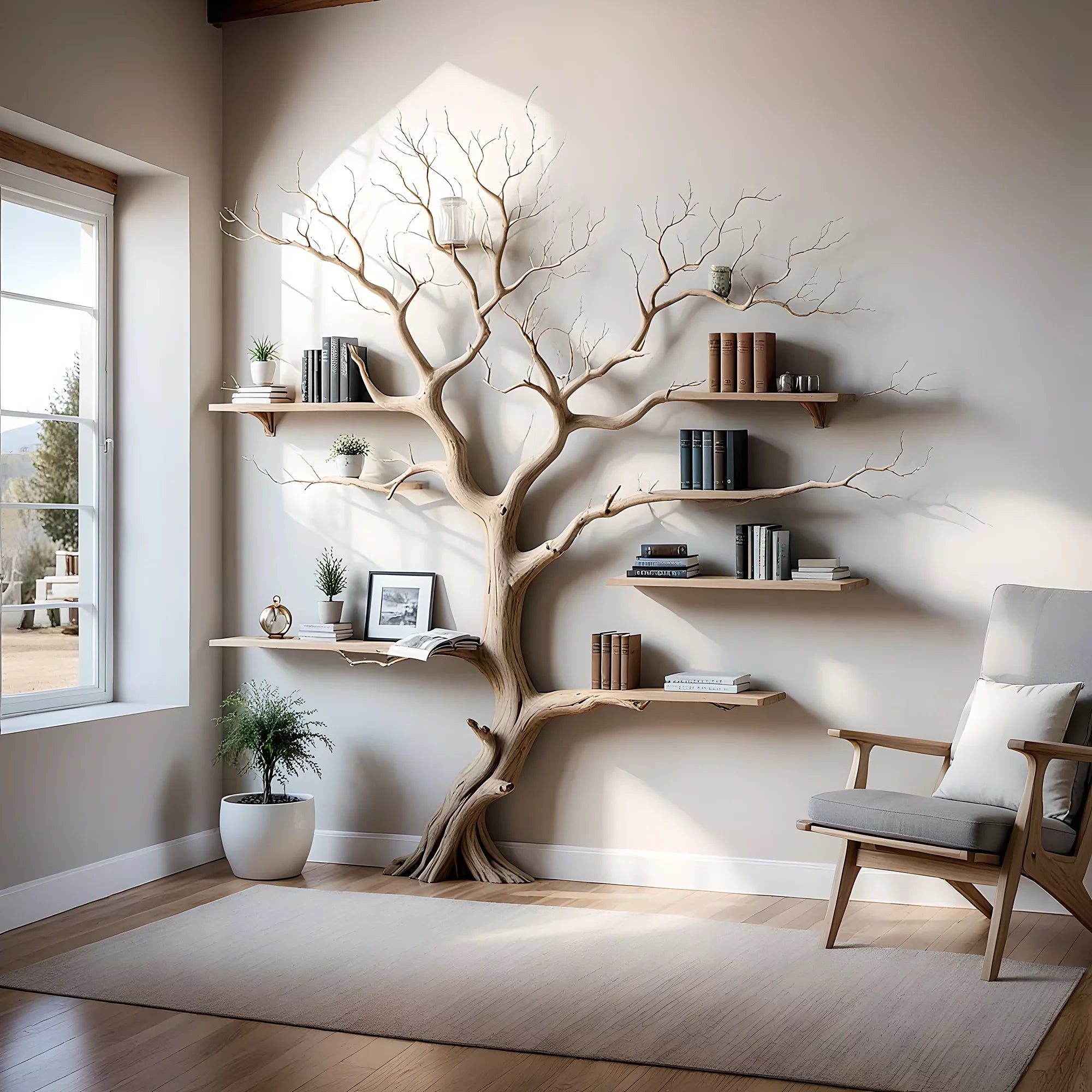 Tree shaped wall shelf, old wooden shelf. Decorative bookshelf