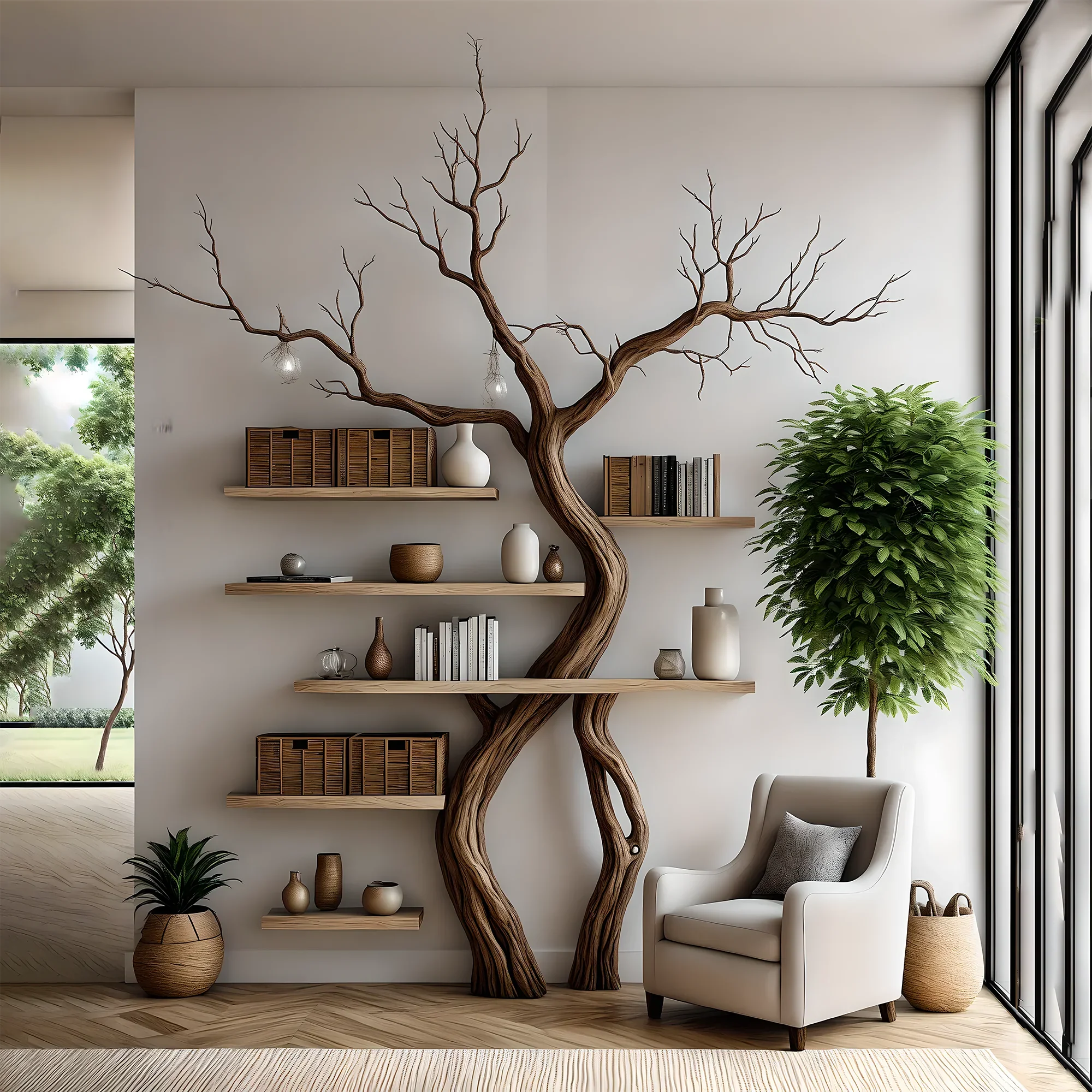 Tree branch bookshelf, handmade items, floating bookshelf, bookshelf, living room, bookshelf