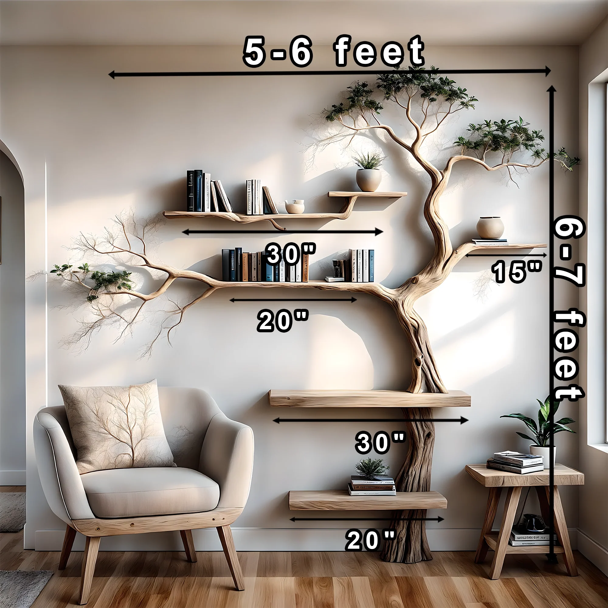 '-Handmade wall-mounted solid wood tree branch bookshelf for interior decoration