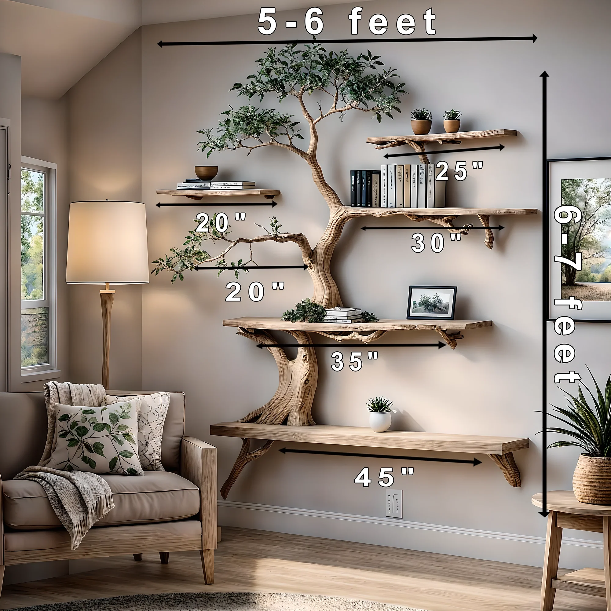 Bookshelf Tree-shaped wooden shelf for interior decoration, handmade wooden shelf