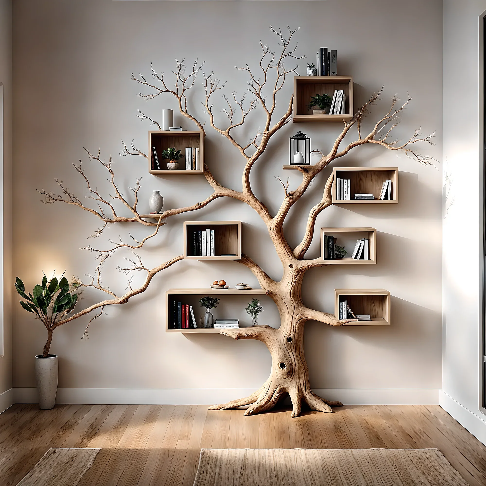 Tree-shaped bookshelf with box shelf, tree-shaped bookshelf, square floating shelf, home decoration