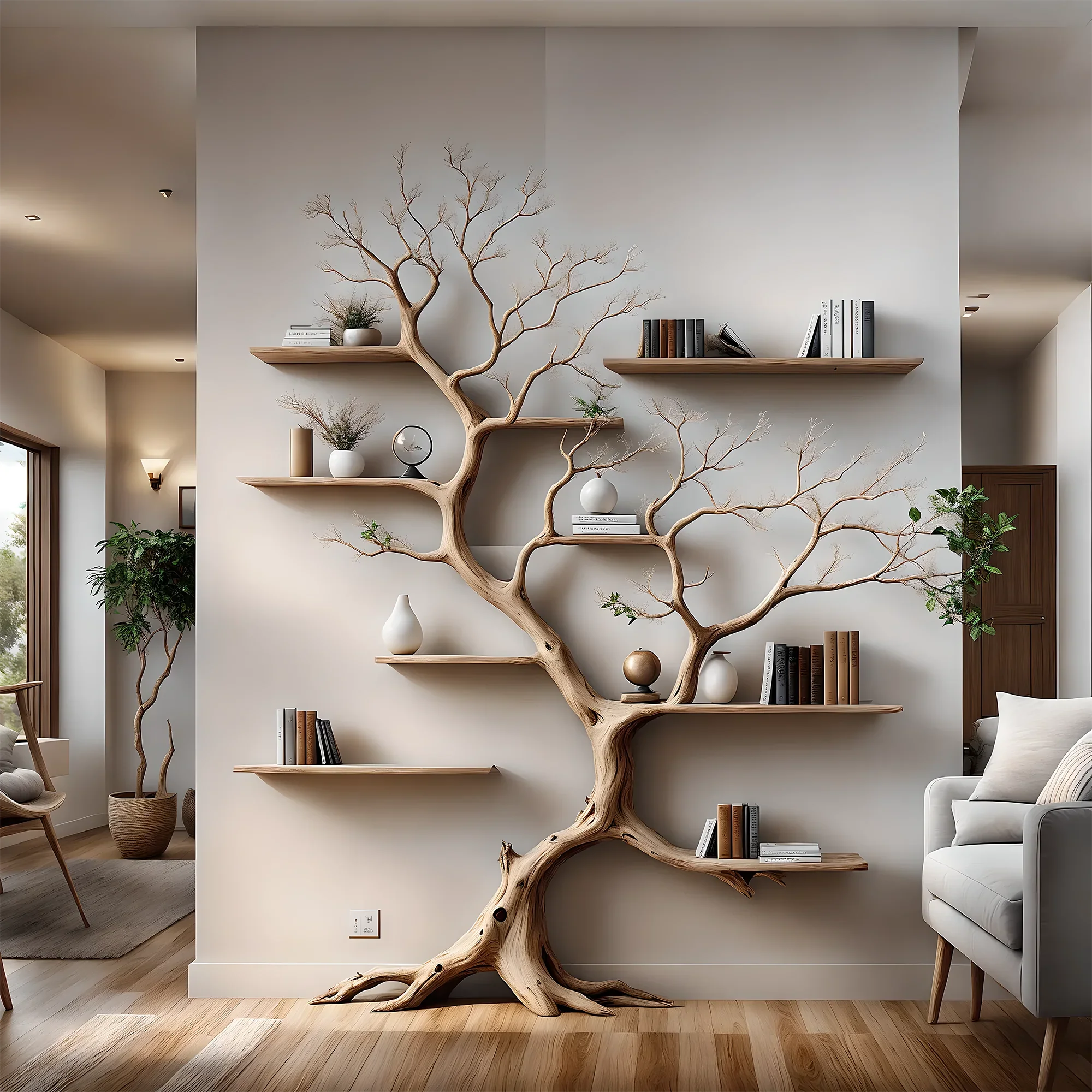 Tree-shaped bookshelf for home decoration, bedroom decoration, solid wood bookshelf