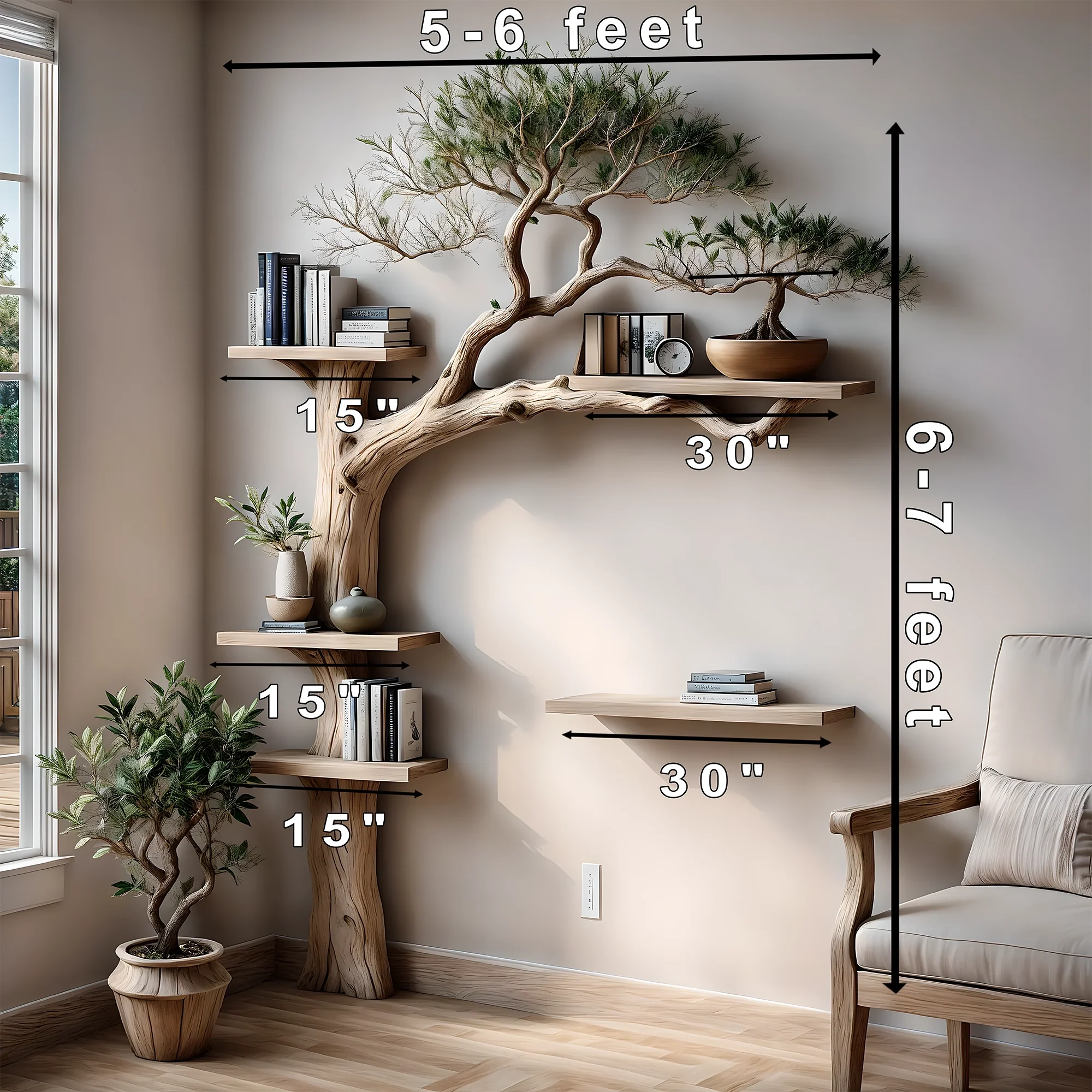 Tree bookshelf solid wood floating shelf branch solid wood bookcase wall mounted furniture and handmade decoration