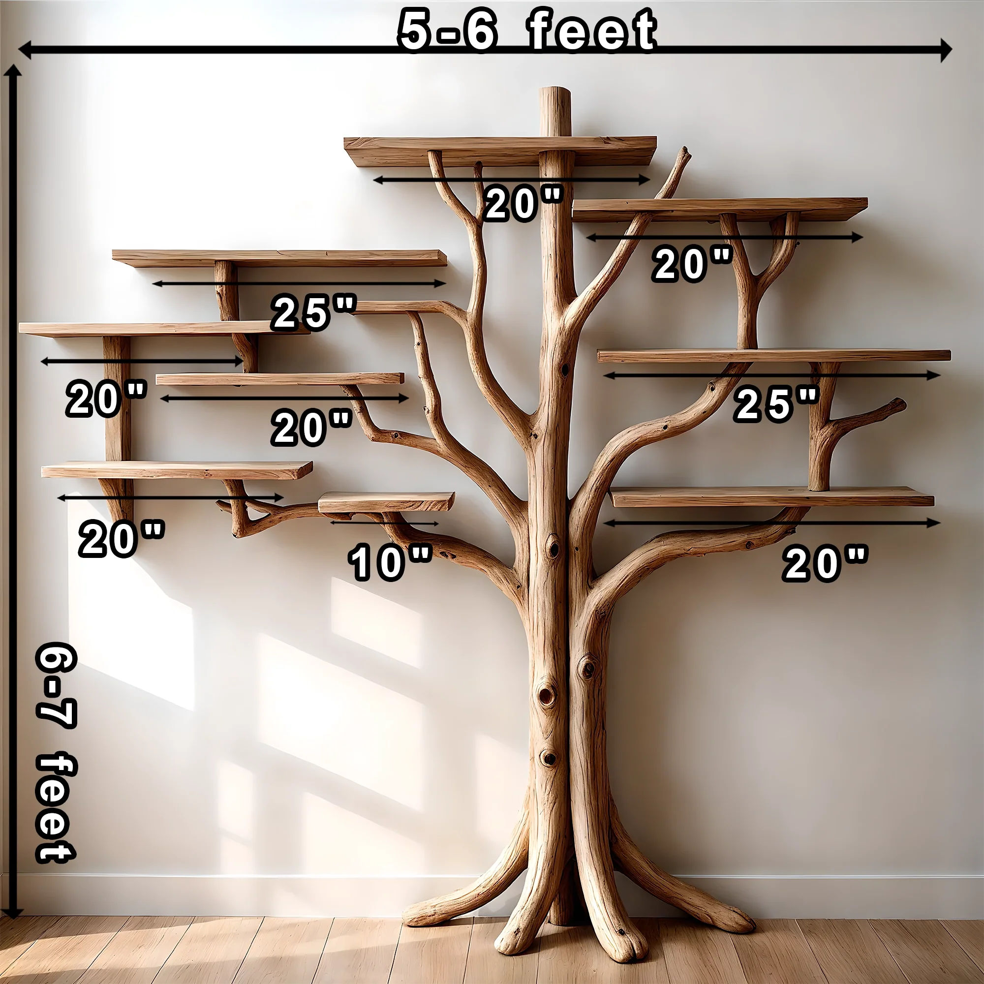 Tree shaped bookshelf, solid wood tree branch shelf, handmade wall hanging interior decoration for home