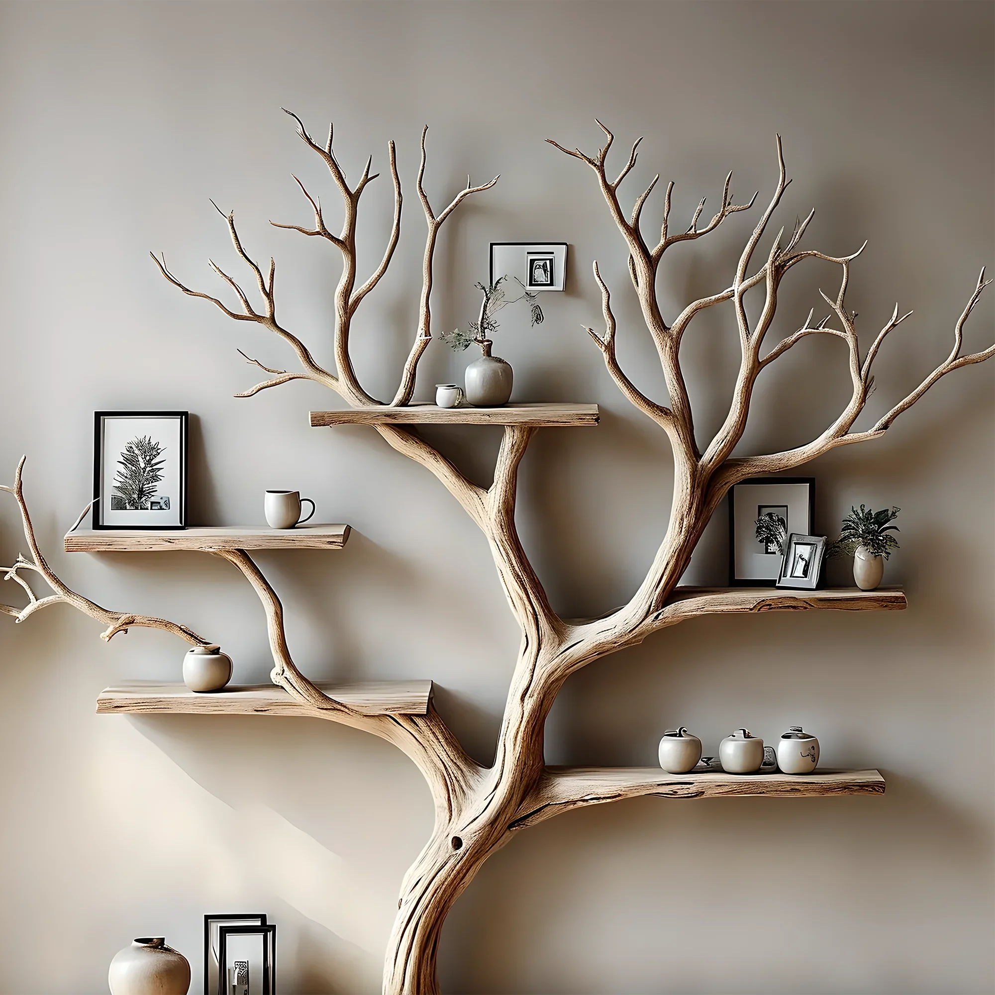 Decorative bookshelf, tree branch floor, wall-mounted, solid wood interior, home decoration, gift