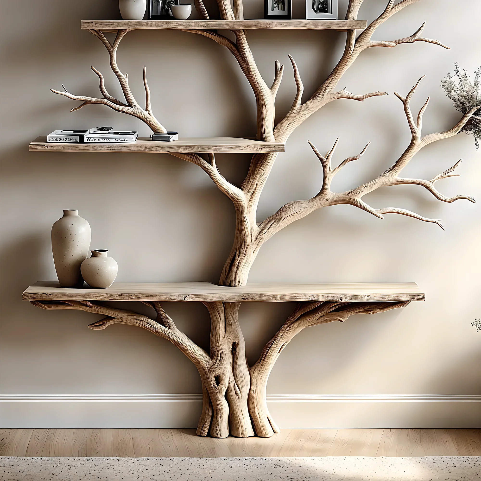 Bookshelf, table, floating shelf, living tree branch shelf next to floating shelf, solid wood bookshelf, gift for that person