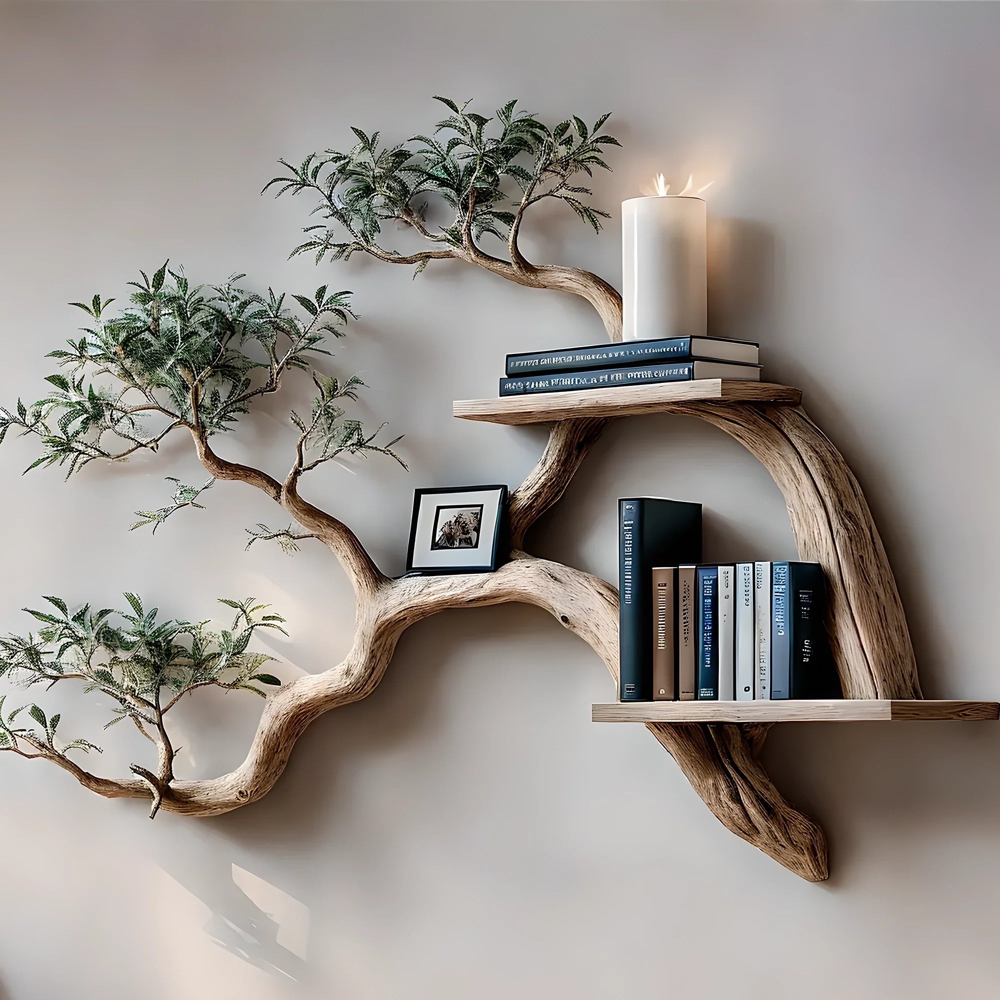 tile-Bookshelf decorated with tree branches Solid wooden bookshelf for decoration