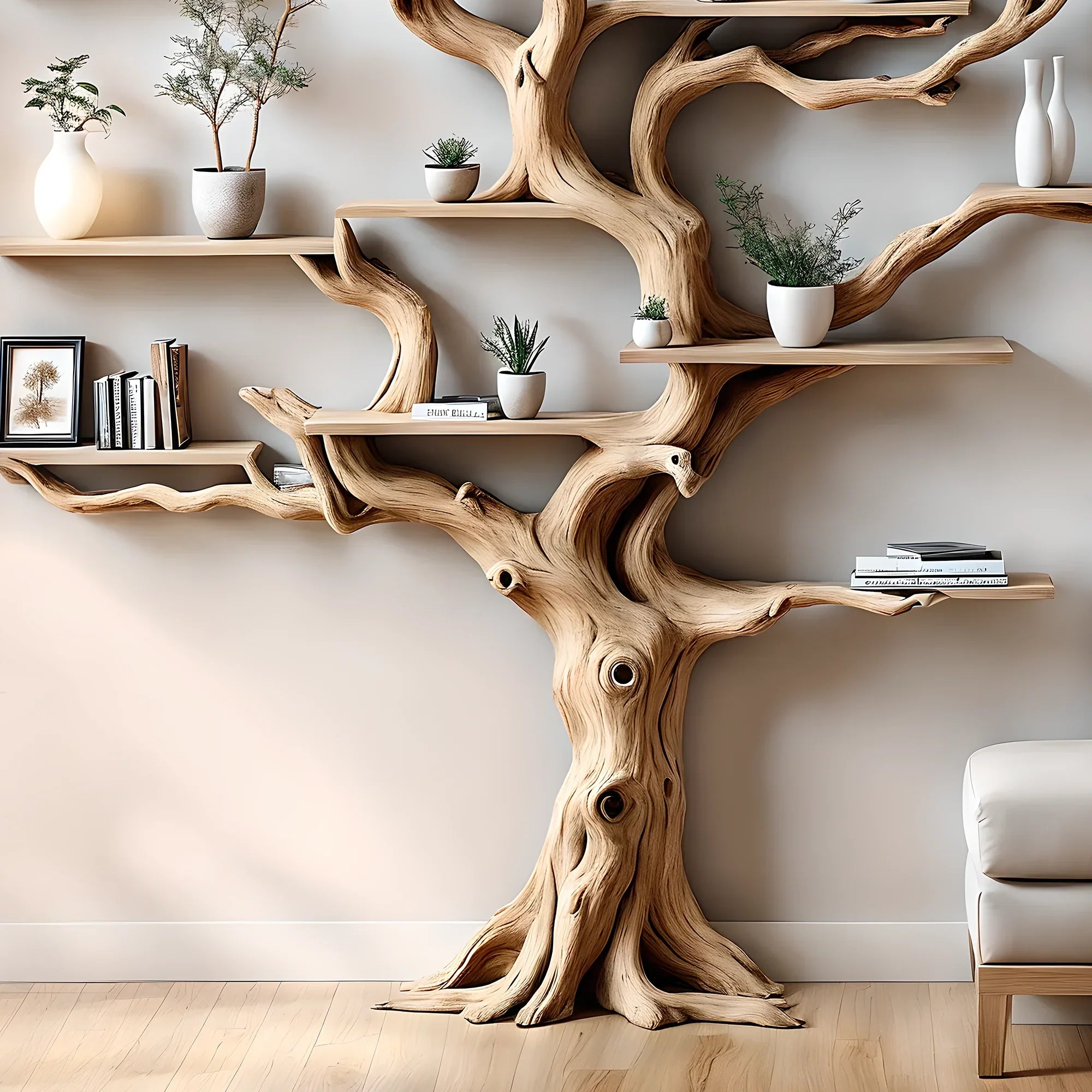 Driftwood bookshelf in the shape of perennial driftwood. Bookshelf in the shape of solid wood for home decoration