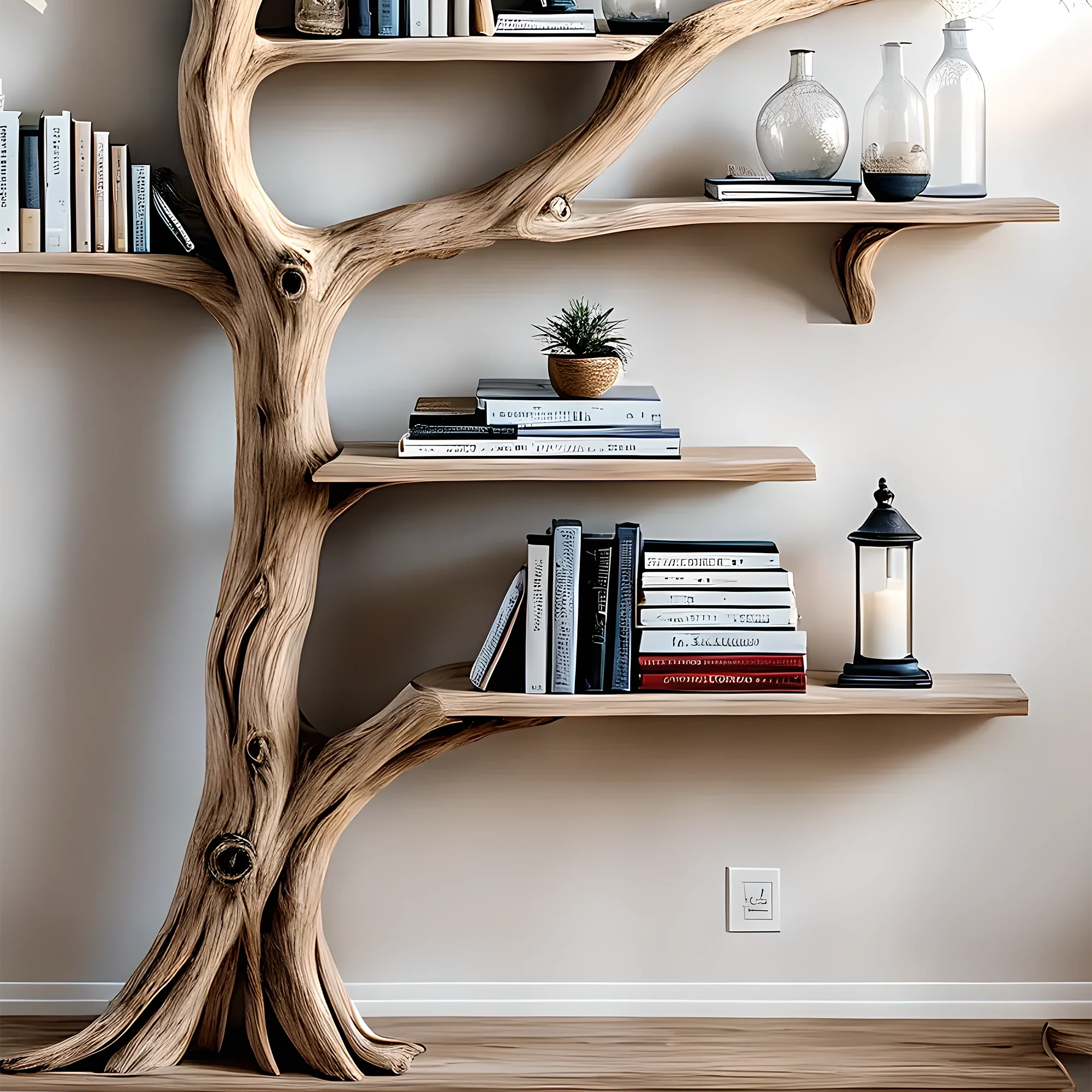 Solid wood tree branch bookshelf, handmade wall hanging, interior decoration for living room