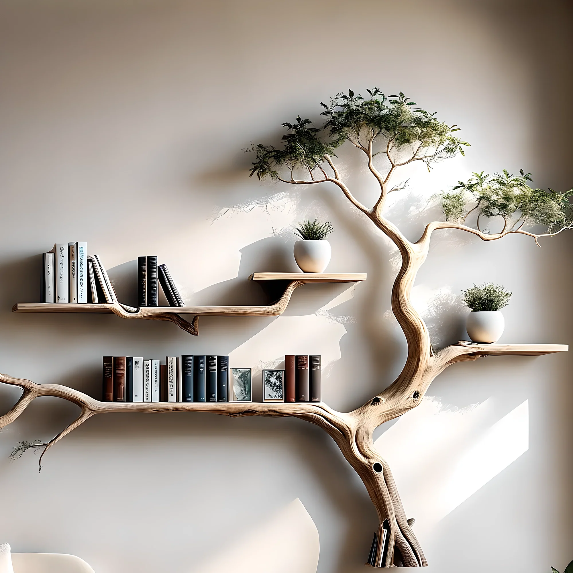 Bookshelf decorated with tree branch wall-mounted bookshelf Solid wood bookshelf for decoration