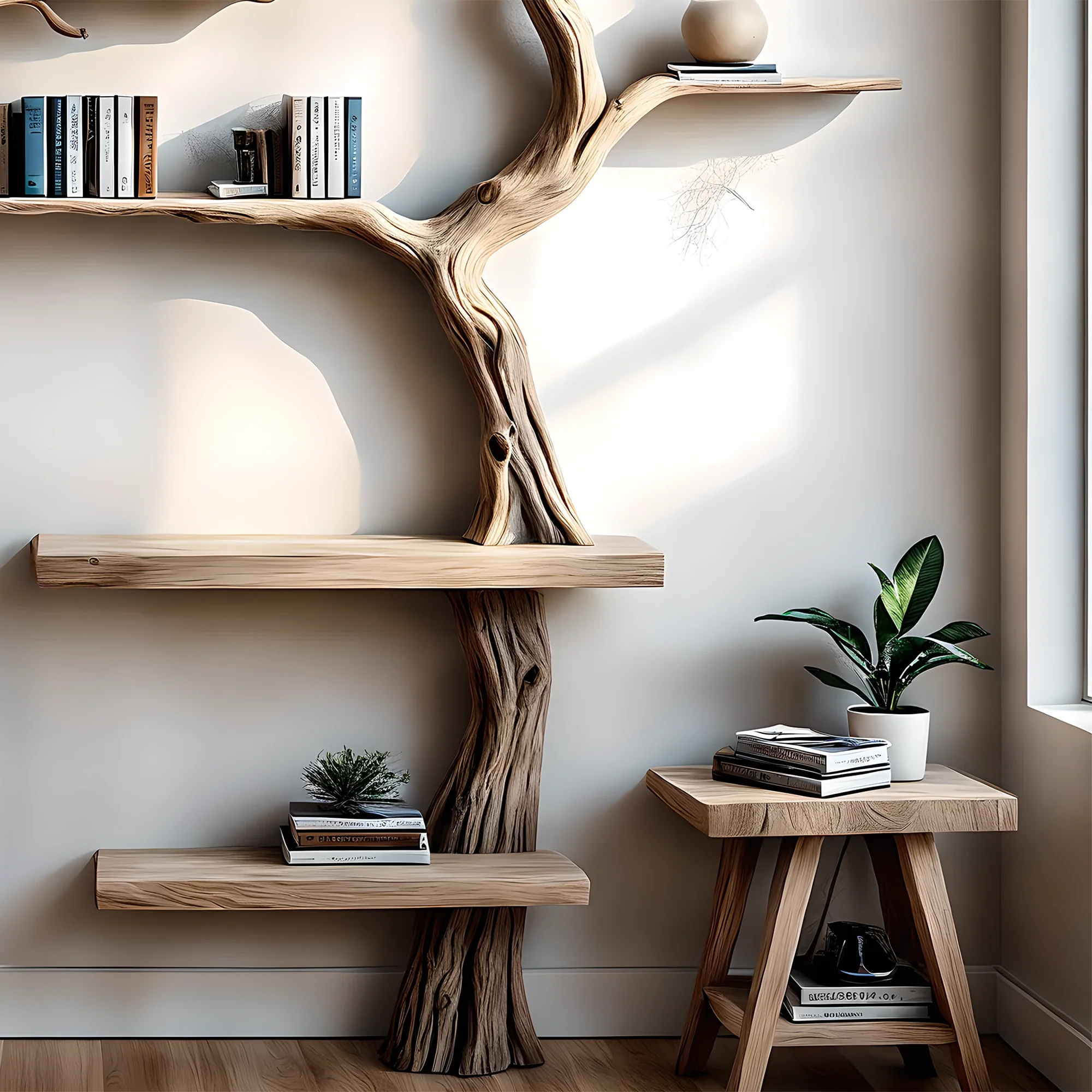 '-Handmade wall-mounted solid wood tree branch bookshelf for interior decoration