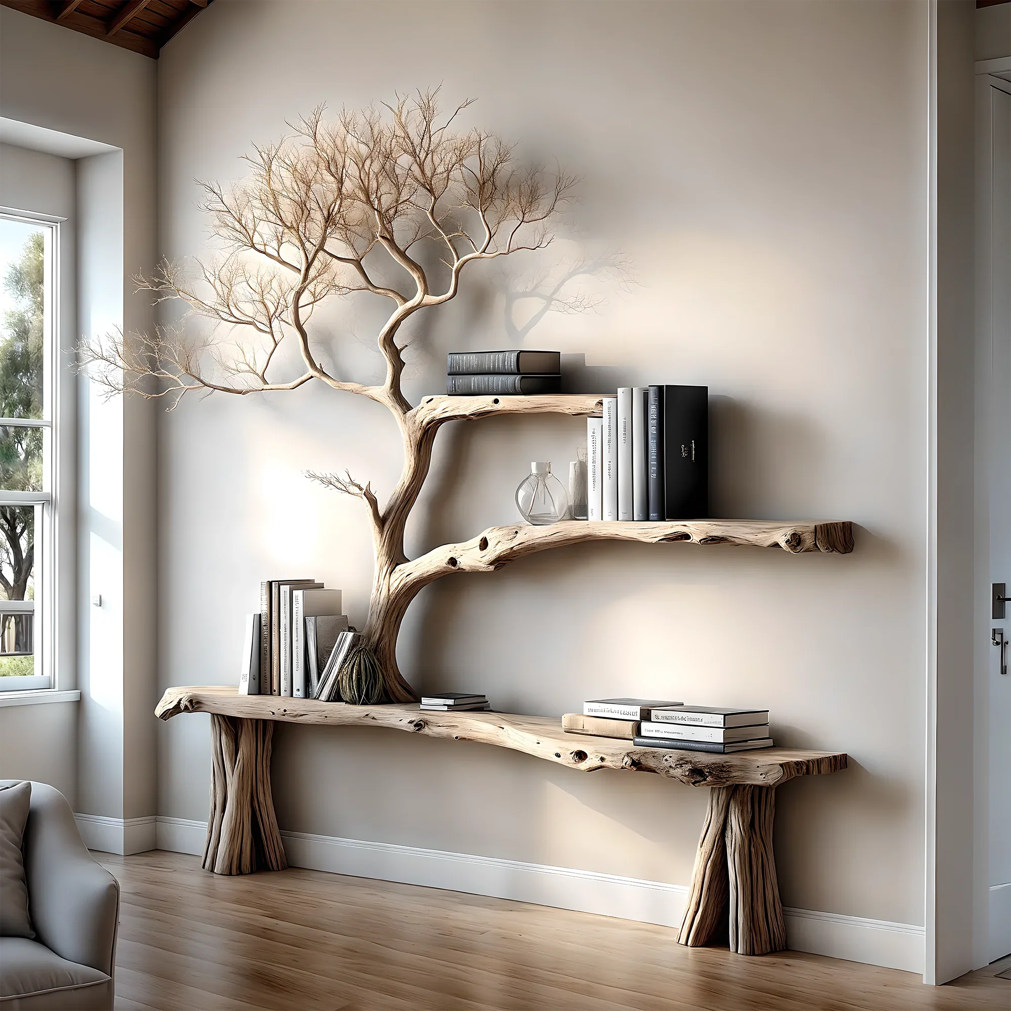 console table reading table with tree shaped bookshelf