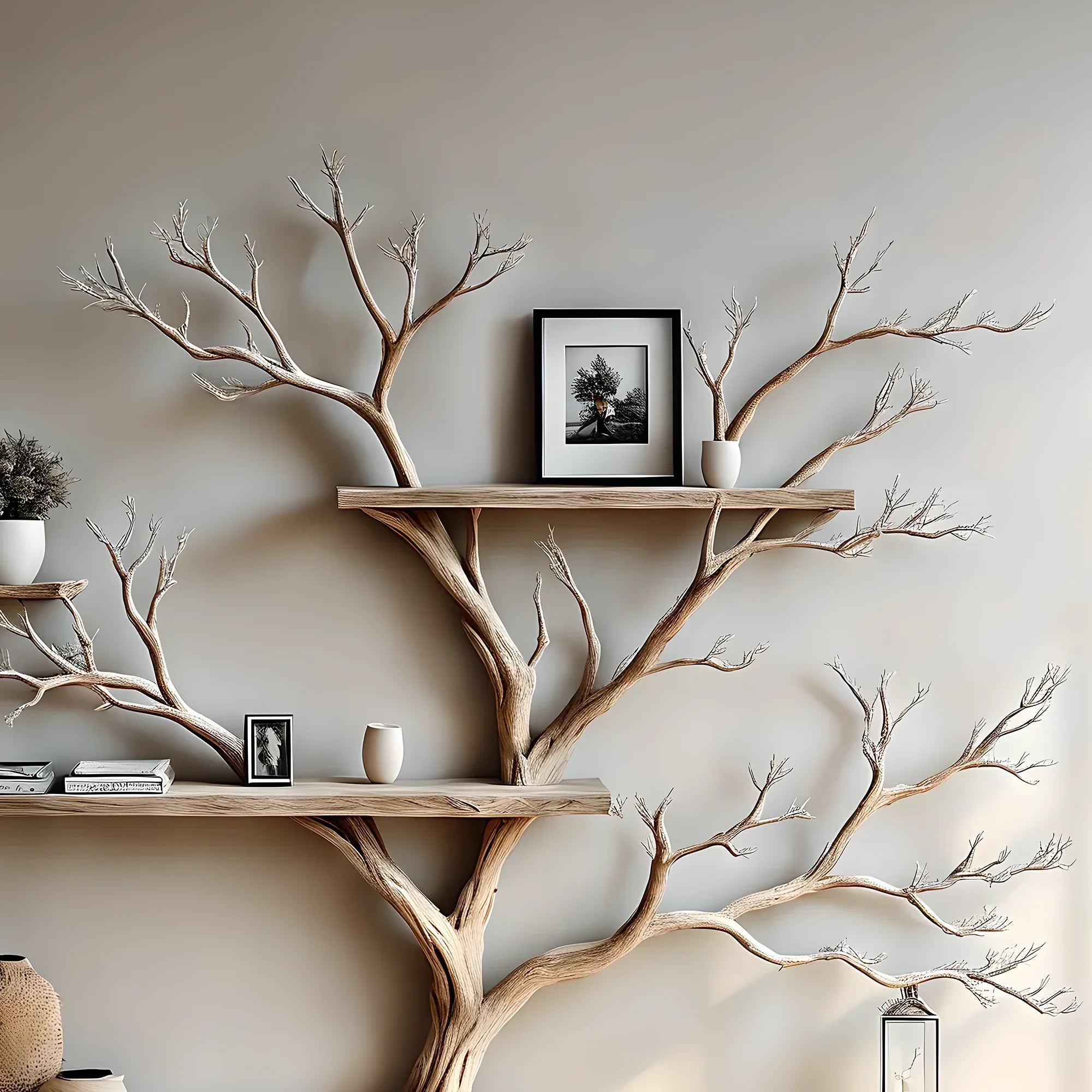 Solid Wood Tree Branch Bookshelf Wall Hanging Living Edge Custom Shelf