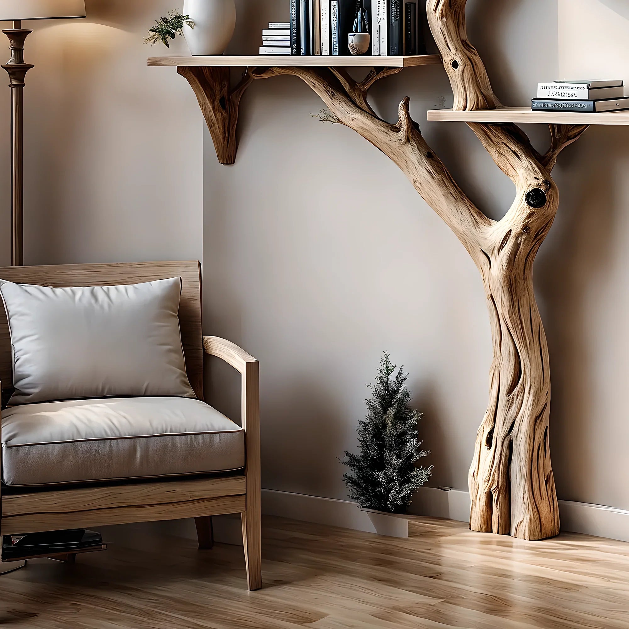 Solid wood tree branch bookshelf, handmade wall hanging, interior decoration for living room