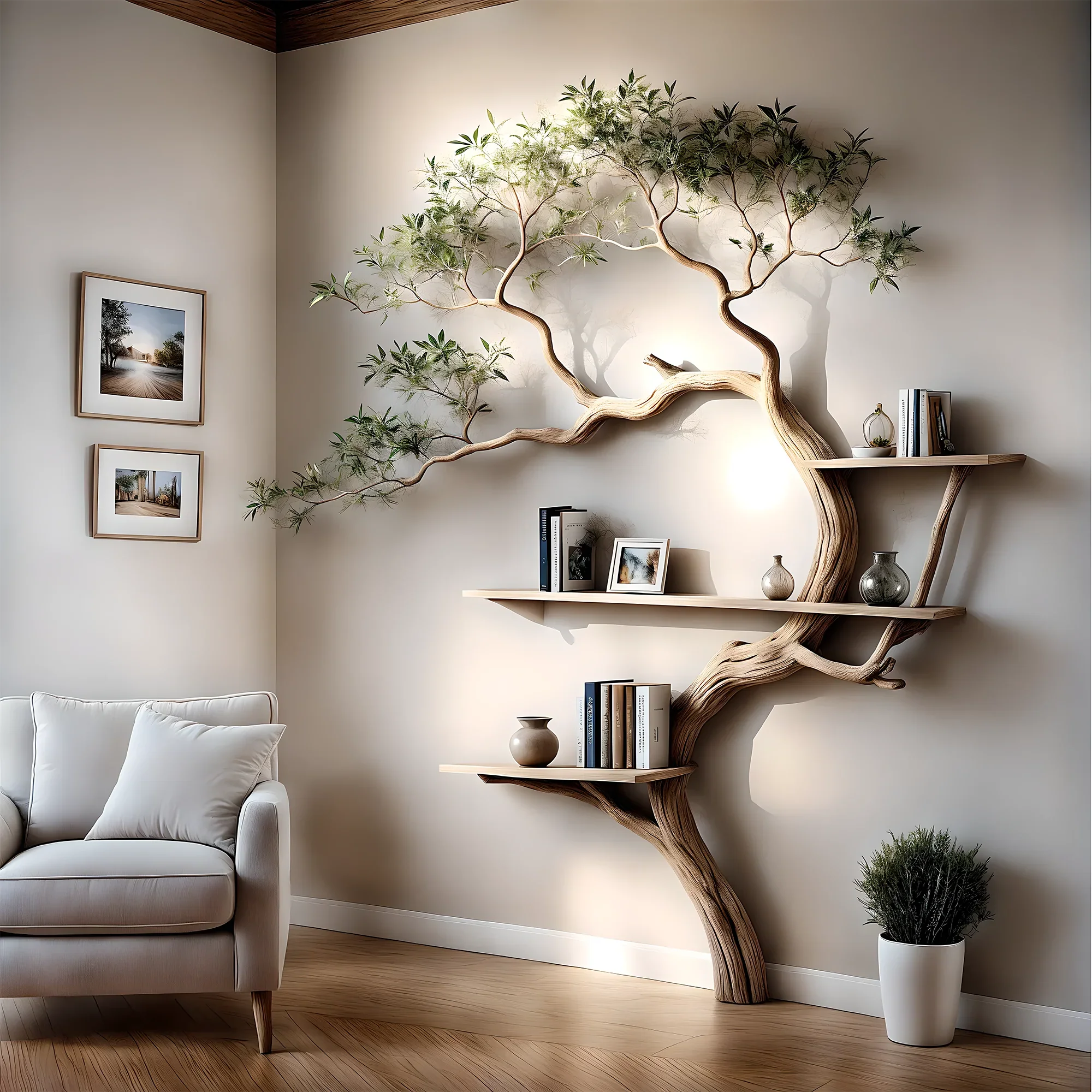 Driftwood tree-shaped bookshelf used to decorate living room, balcony