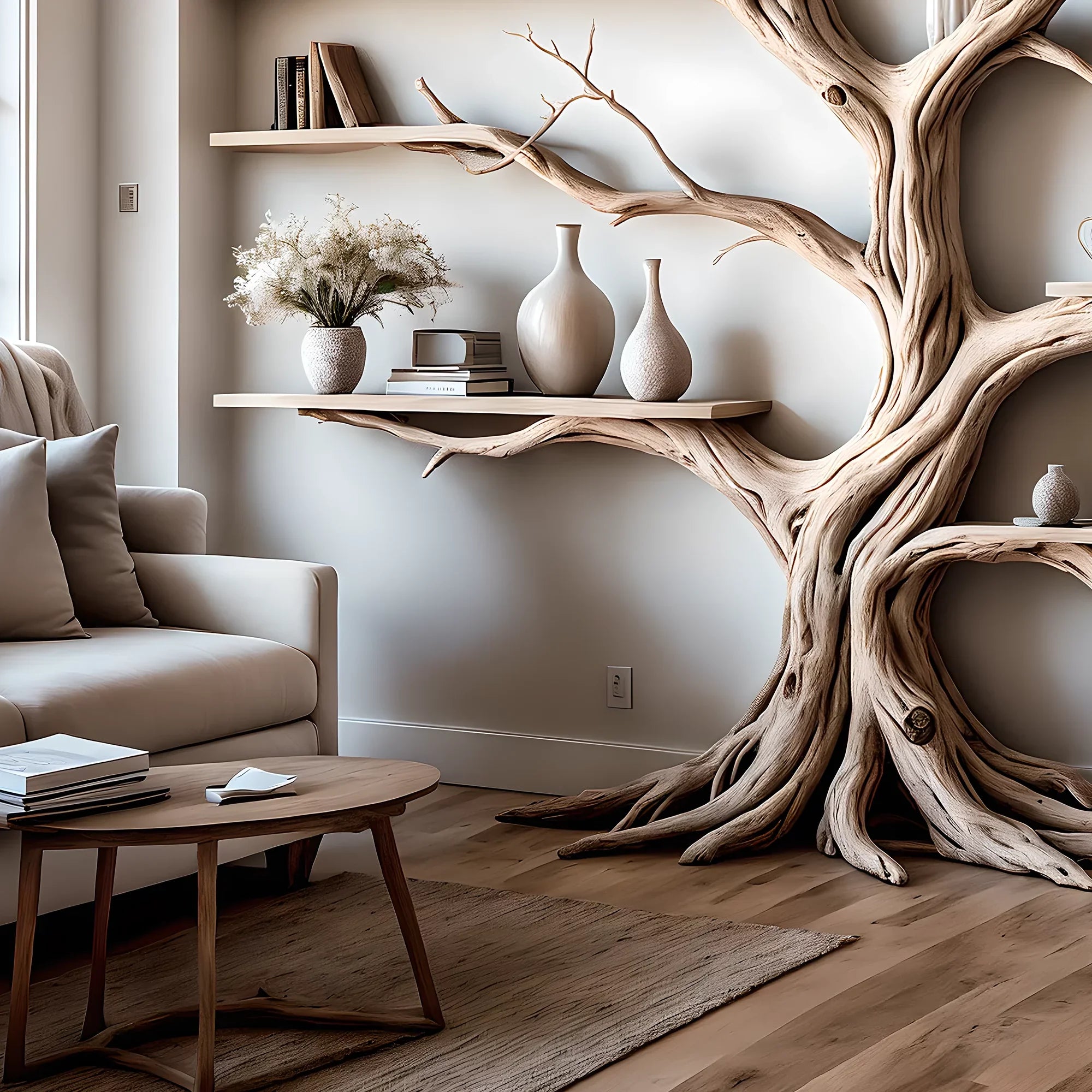 ancient tree bookshelf, floating bookshelf, solid wood