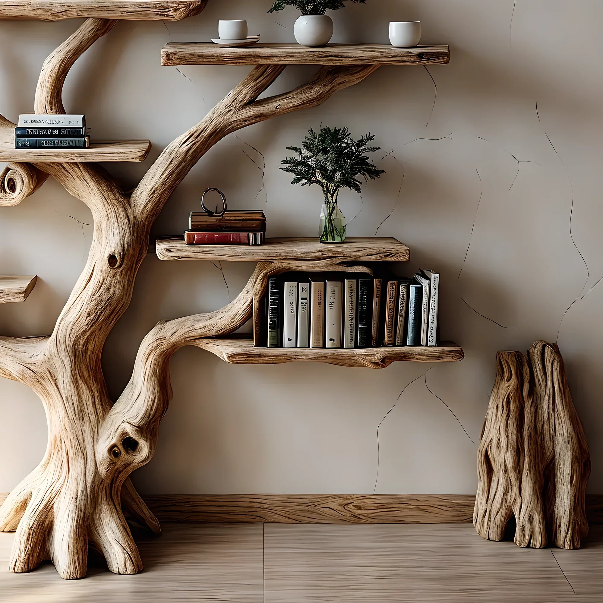 Bookshelf made of pine branches, Natural wood, Children's bookshelf, Decorative library