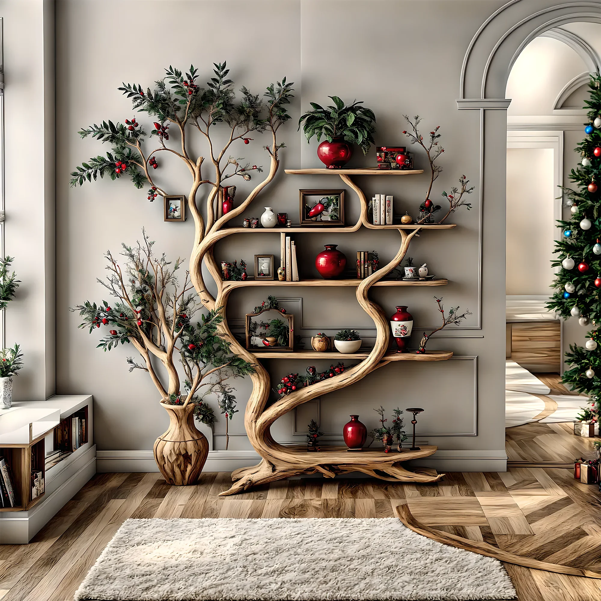 Decorative shelf in natural tree shape, solid wood, living room decoration