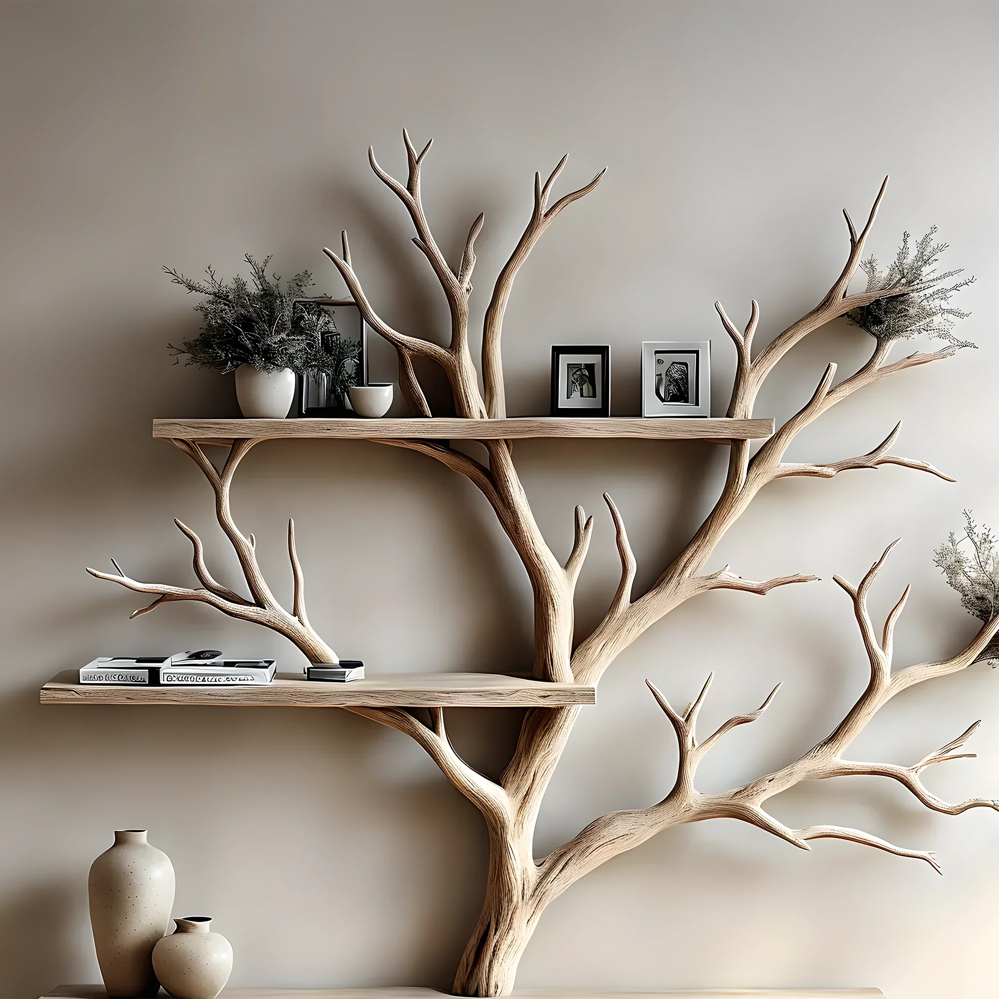 Bookshelf, table, floating shelf, living tree branch shelf next to floating shelf, solid wood bookshelf, gift for that person