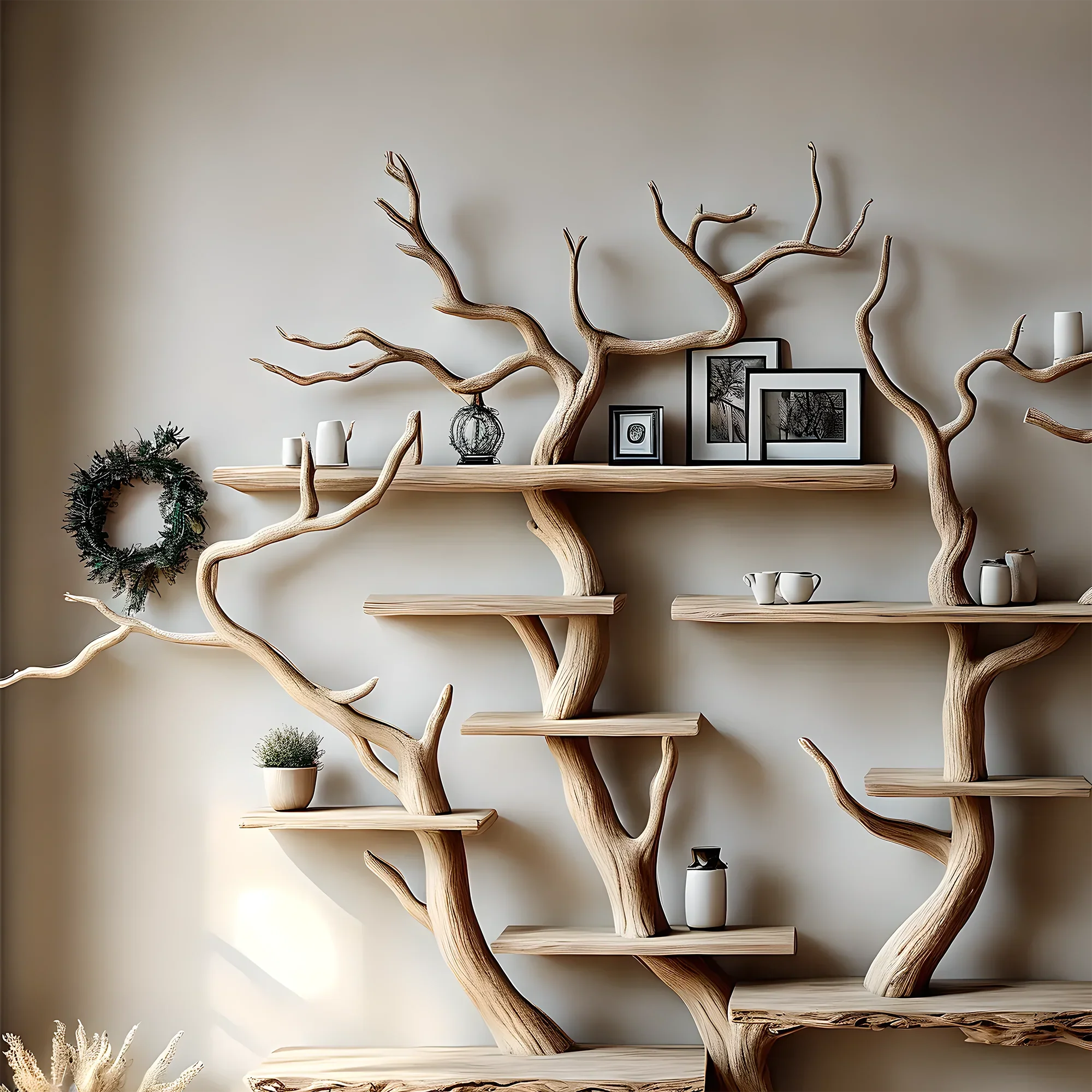 Floating Tree Branch Bookshelf Decorative Shelf Solid Natural Wood Bookshelf Customized Bookcase