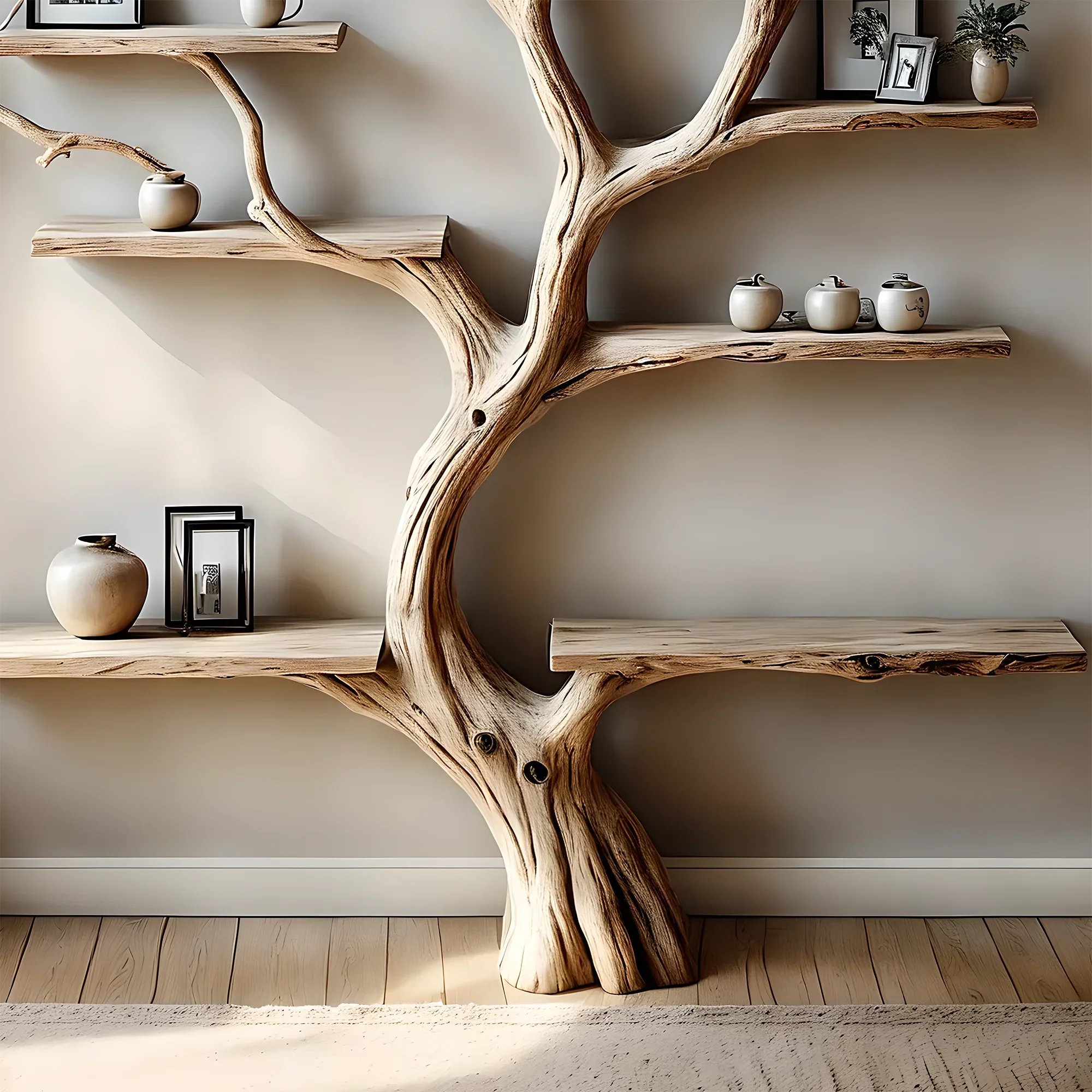 Decorative bookshelf, tree branch floor, wall-mounted, solid wood interior, home decoration, gift